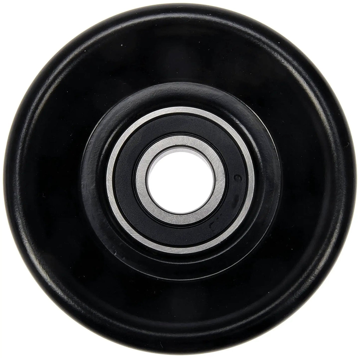 Front view of Accessory Drive Belt Idler Pulley For Dodge And Jeep Dorman 419 672 Direct Replacement, black color, round with bearing
