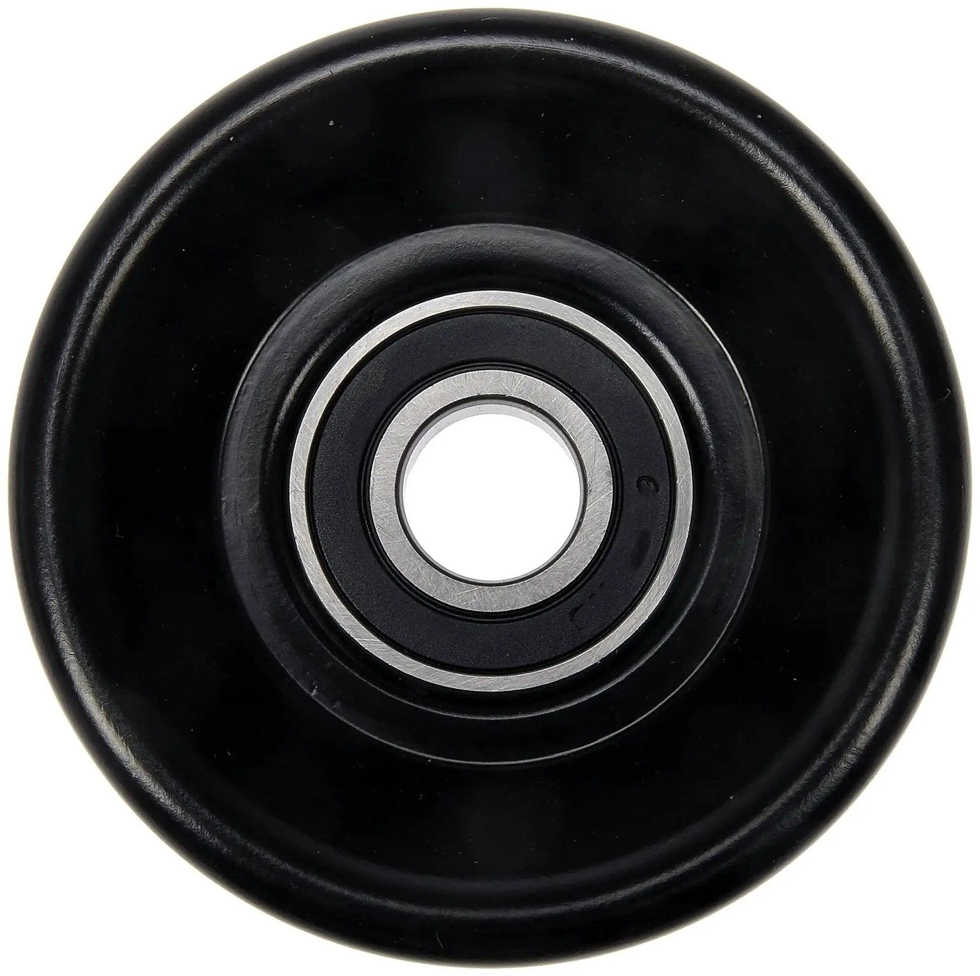 Front view of Accessory Drive Belt Idler Pulley For Dodge And Jeep Dorman 419 672 Direct Replacement, black color, round with bearing