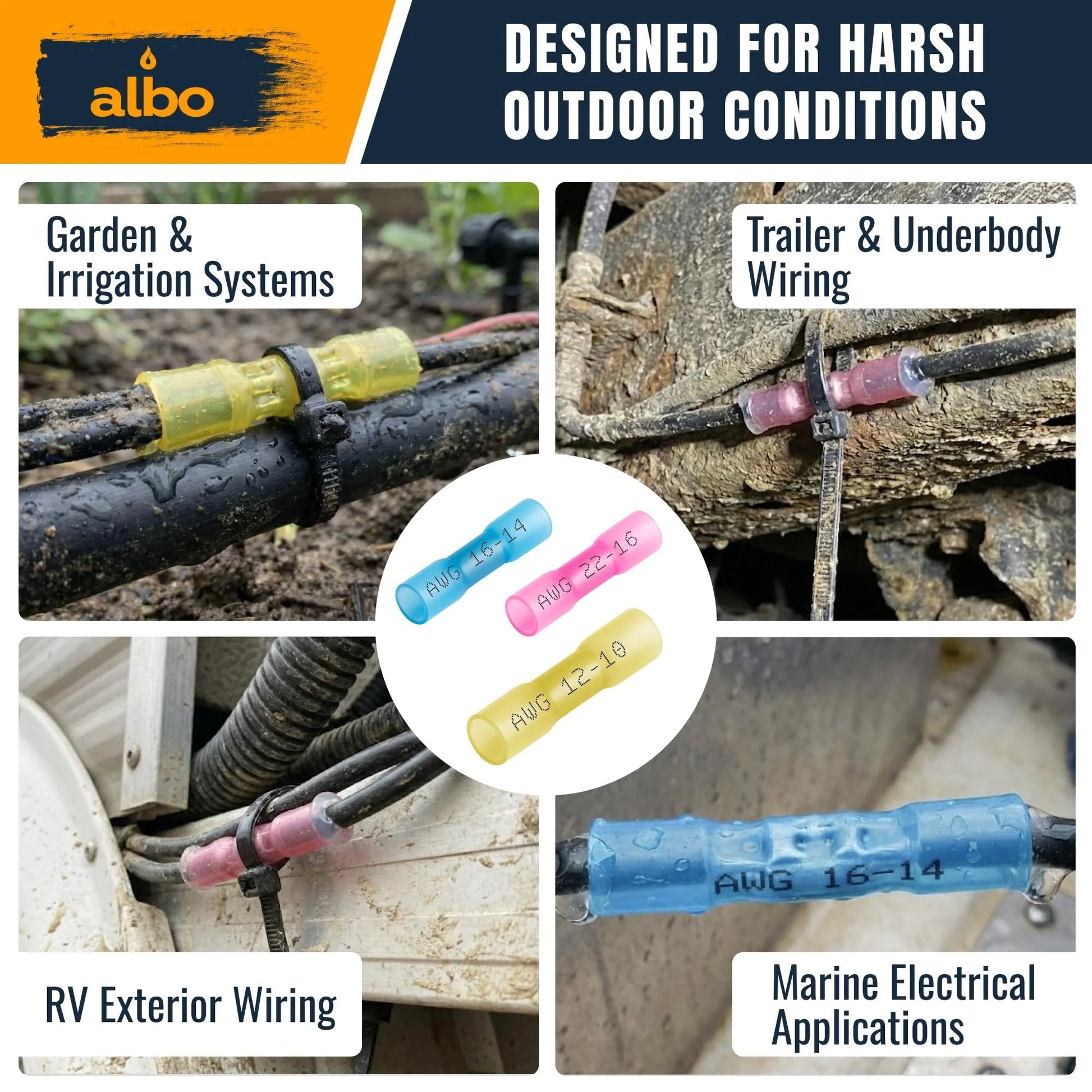 Various color-coded wire splice kits for RV, marine, garden, and trailer wiring applications.