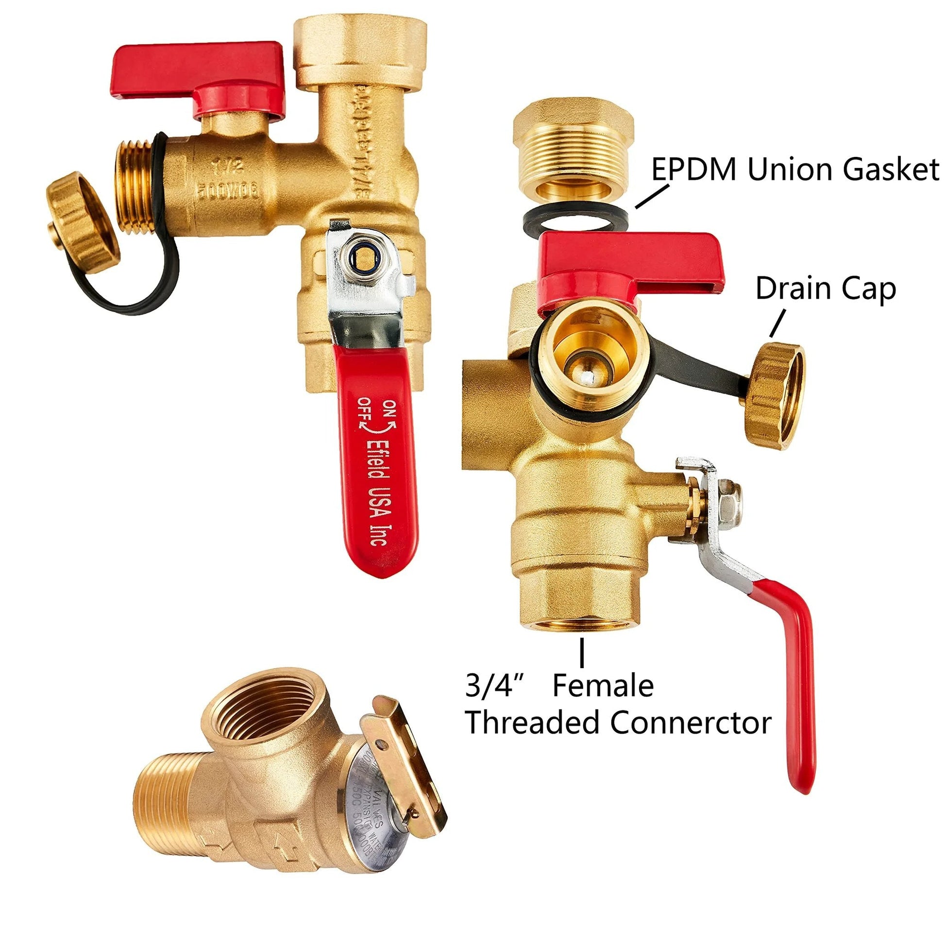 Tankless Water Heater Isolation Valve Kit 3/4 Inch NPT With Hot And Cold Full Port Valves, Integrated Drain Valve With Brass Safety Cap, And Pressure Relief Valve For Residential And Commercial Gas Units By EFIELD, featuring brass components and red handles.