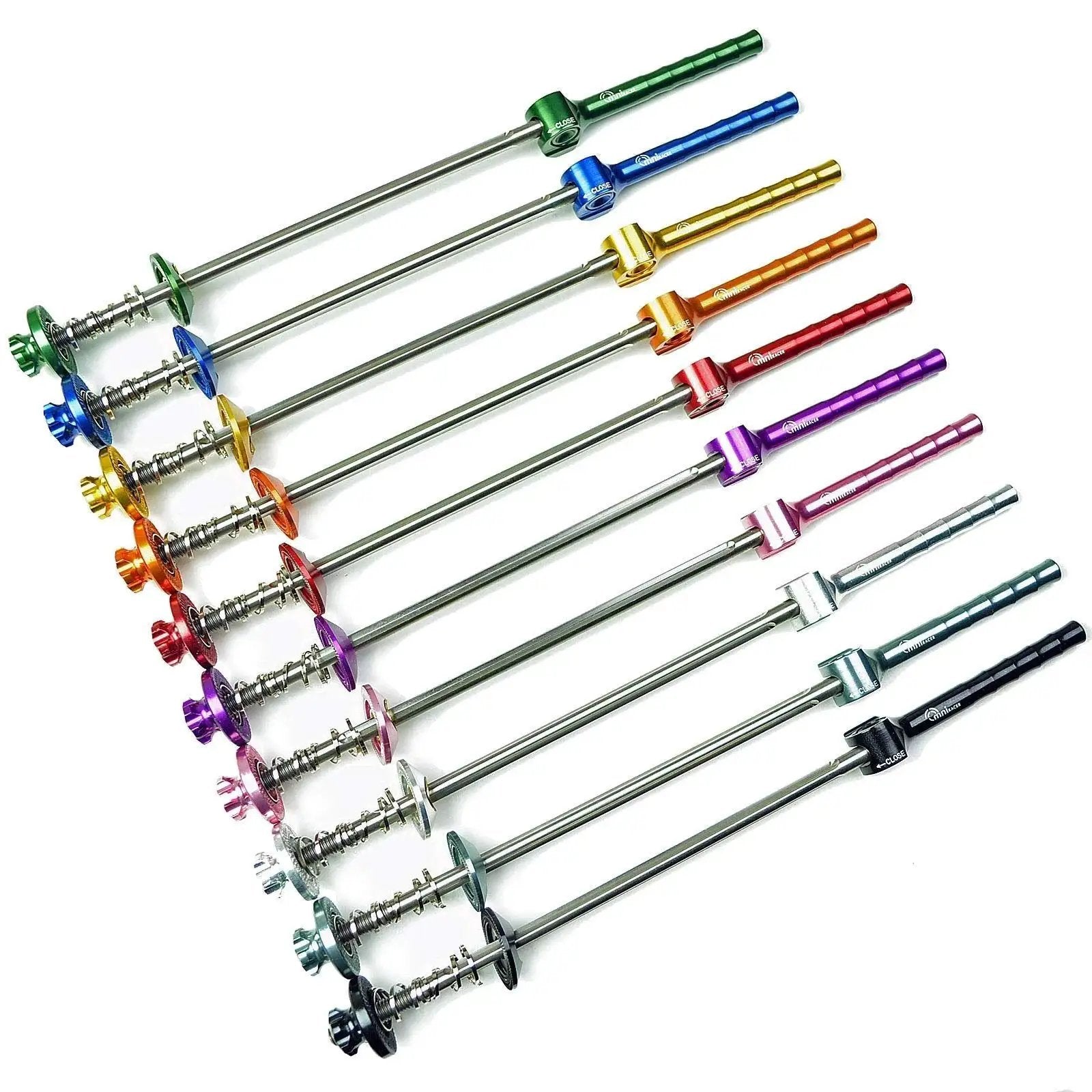 World's Lightest Quick Release Wheel Skewer Set in Red by OMNI shown in multiple colors; CNC aluminum lever arms, Y cut titanium axles.