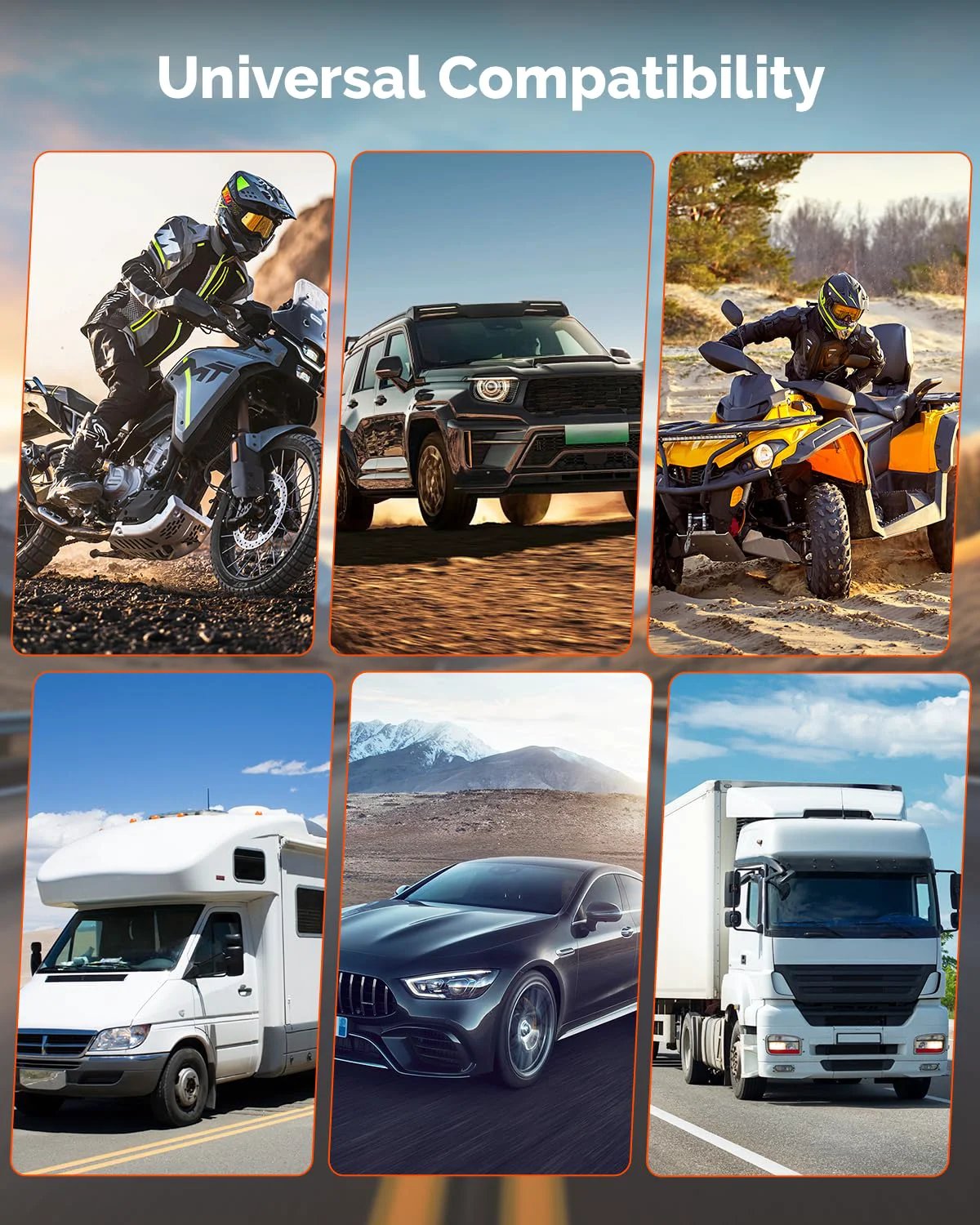 Collage showing motorcycles, SUV, ATV, RV, car, and truck highlighting universal compatibility for automotive products.