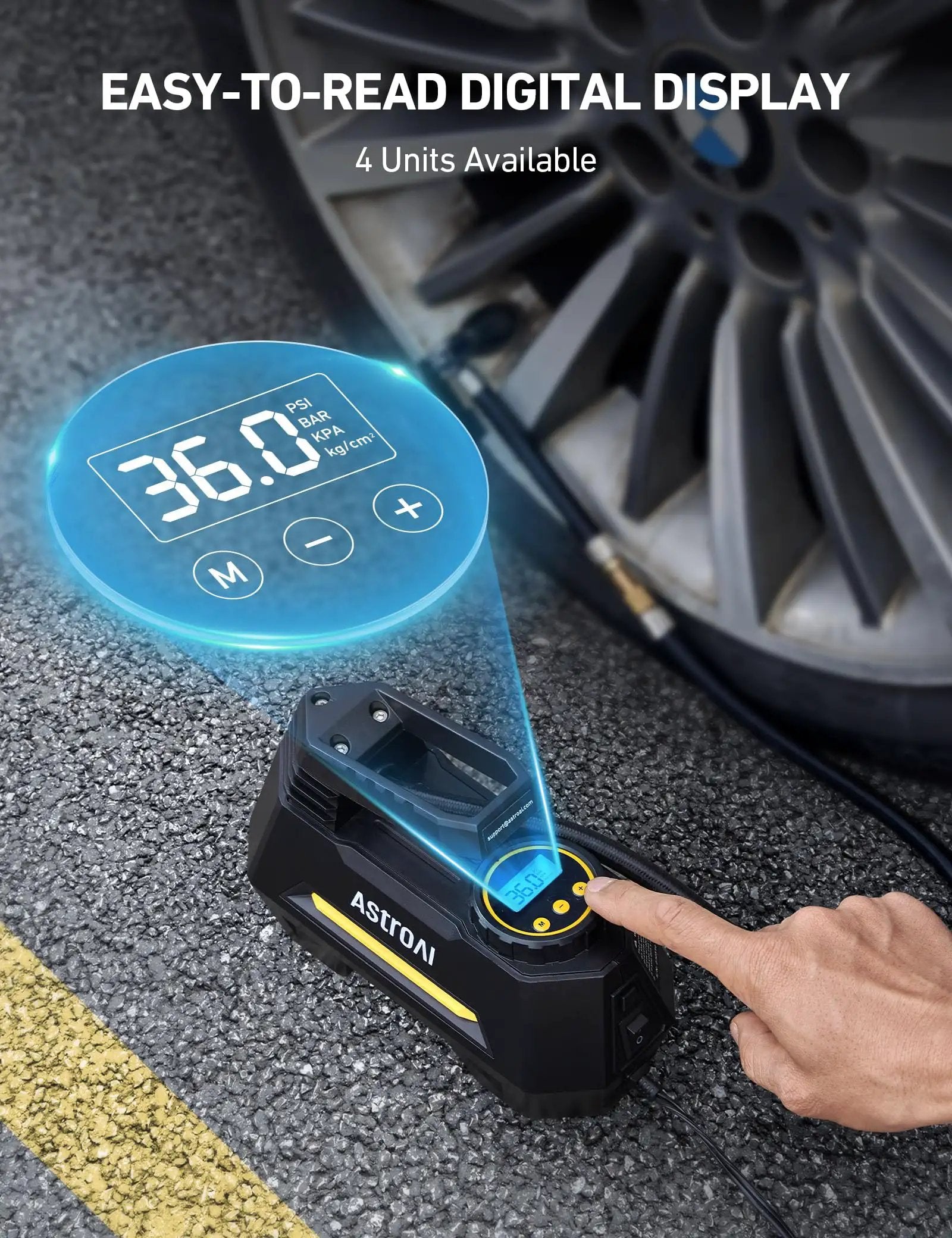 Close-up of Portable Tire Inflator On The Go With Digital Gauge And Emergency LED Light For Cars And Bikes 12V DC Car Air Pump displaying digital gauge.