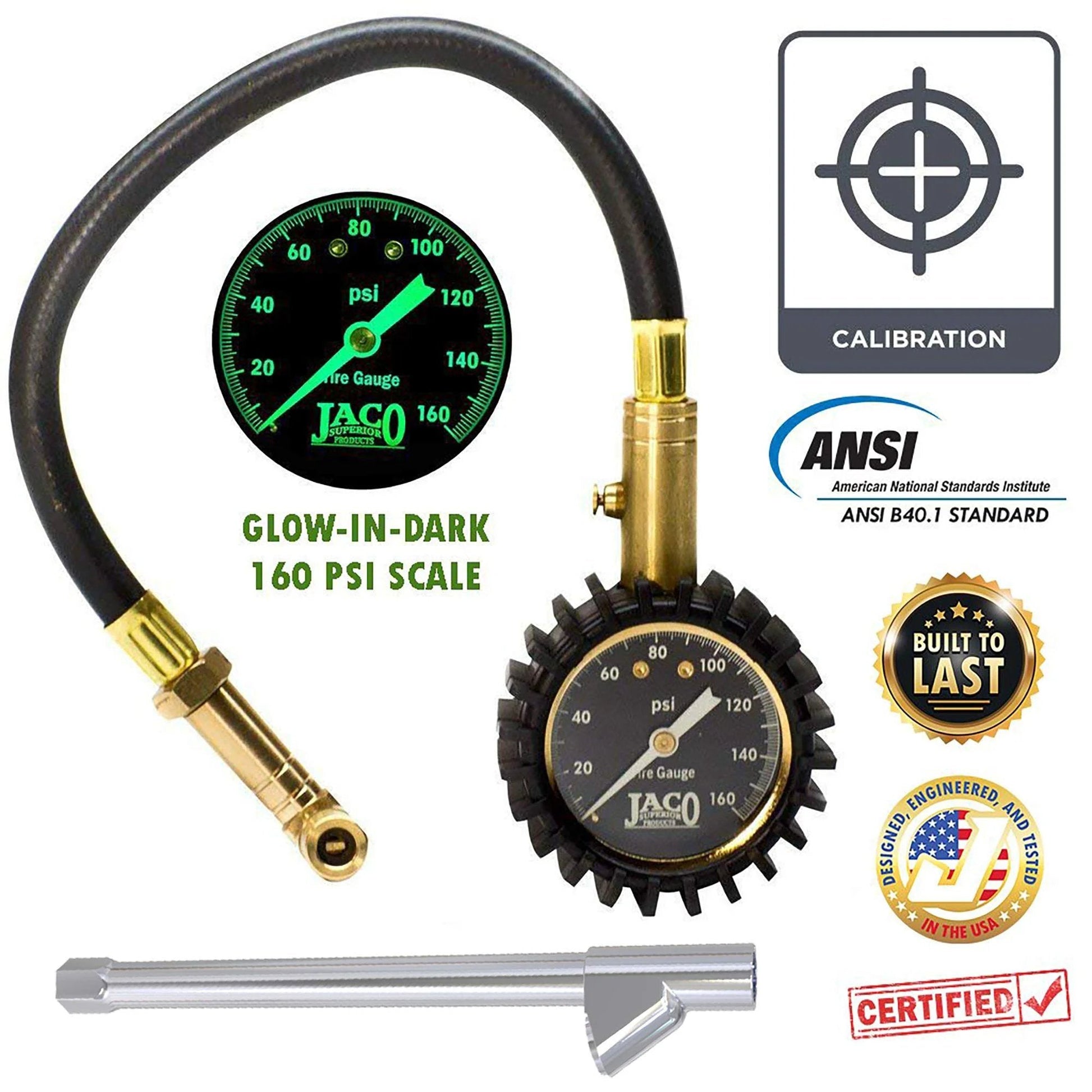 Dual Air Chuck Tire Pressure Gauge Up To 160 PSI With Battery Free Accuracy, ANSI Certified gauge with brass build and shock guard.