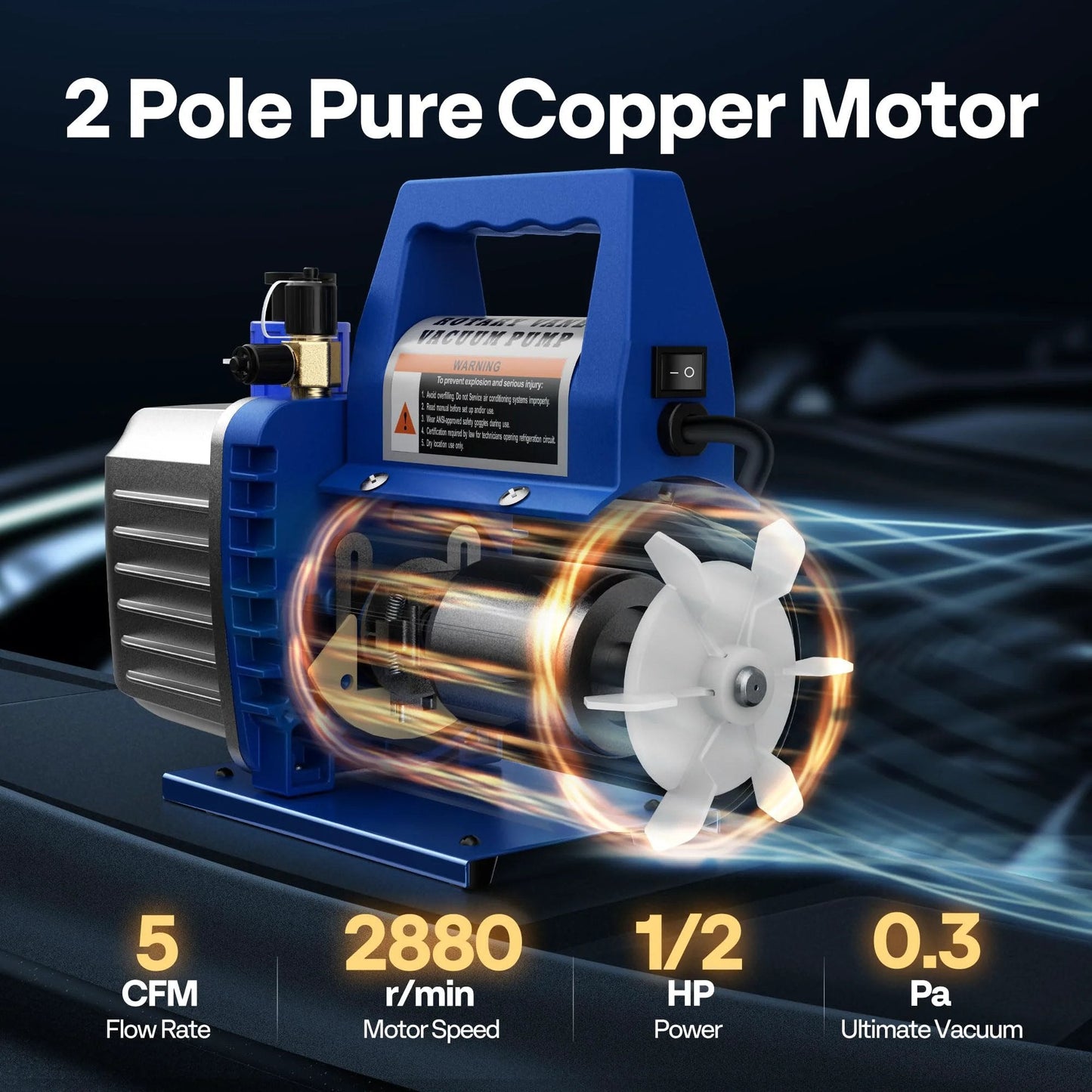 Dual Stage Rotary Vane Vacuum Pump For HVAC Systems, 5 CFM, 110V, One Half HP, Fast 3 Minute Deep Vacuum, Oil Bottle Included