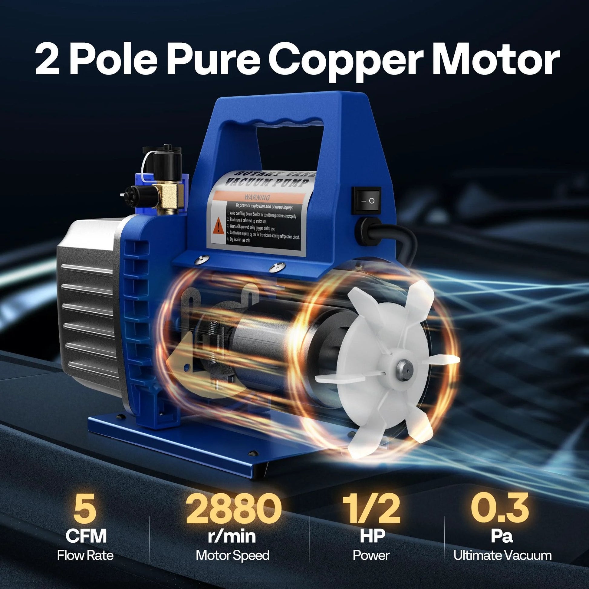 Dual Stage Rotary Vane Vacuum Pump For HVAC Systems, 5 CFM, 110V, One Half HP, Fast 3 Minute Deep Vacuum, Oil Bottle Included