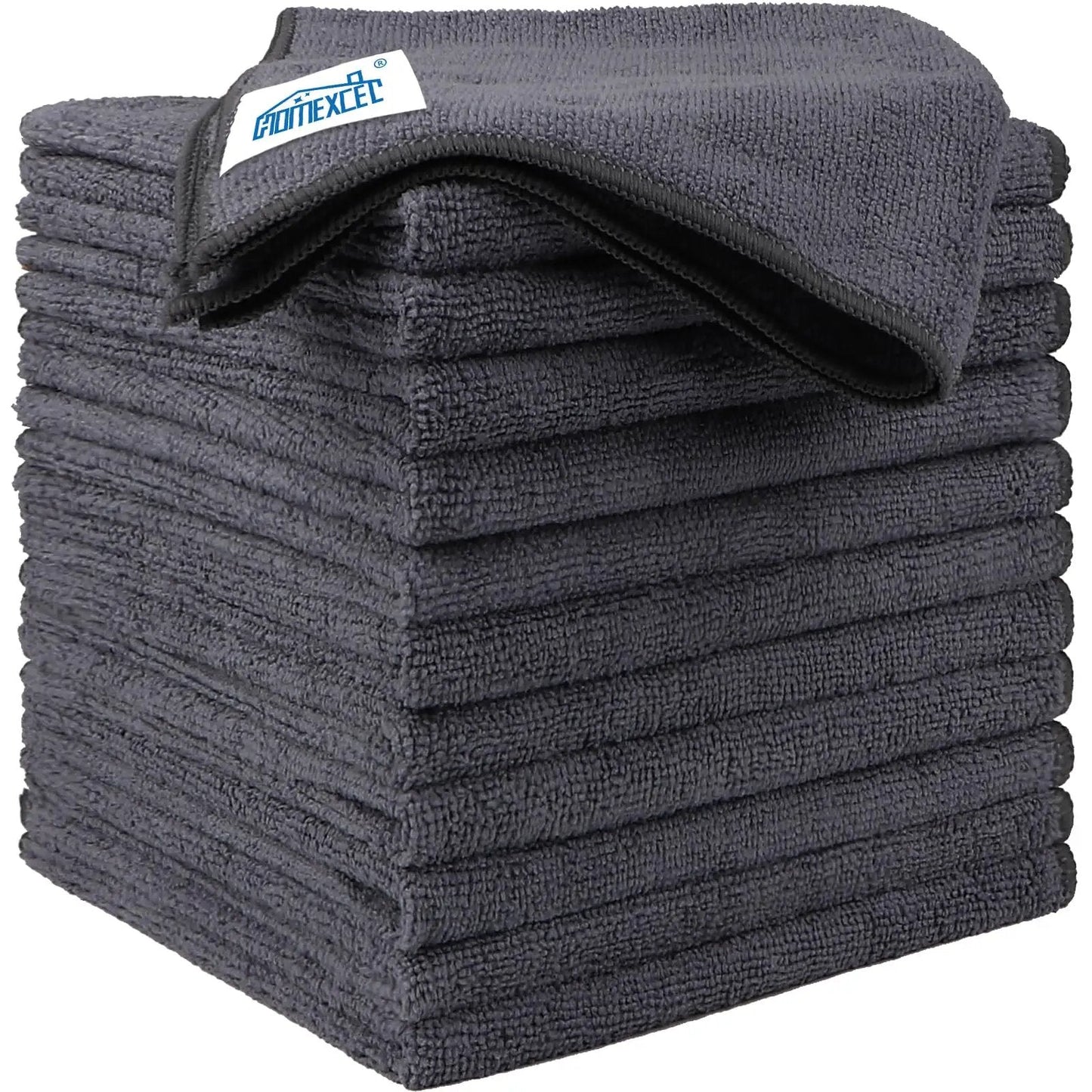 Ultra Absorbent Microfiber Towels For Cars And Home 12 Pack 12.5 Inch Square Cleaning Cloths Lint Free Streak Free For Car Kitchen Window Everyday Grey HOMEXCEL stacked neatly.