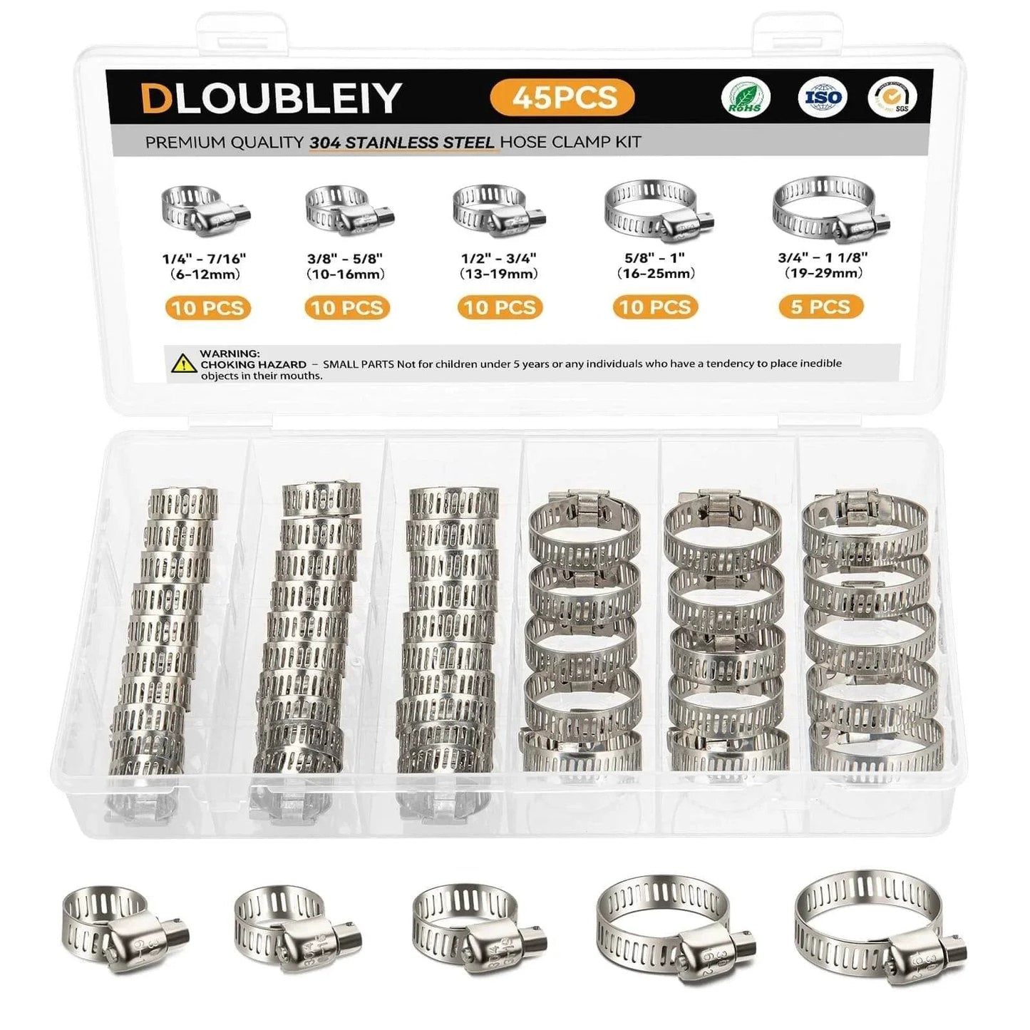 45 Piece Stainless Steel Hose Clamp Kit With Worm Gear Adjustable From 1/4 To 1-1/8 Inches (6-29 Mm) For Plumbing Automotive And Mechanical Applications Corrosion Resistant 304 Stainless Steel in open case with assorted clamps.