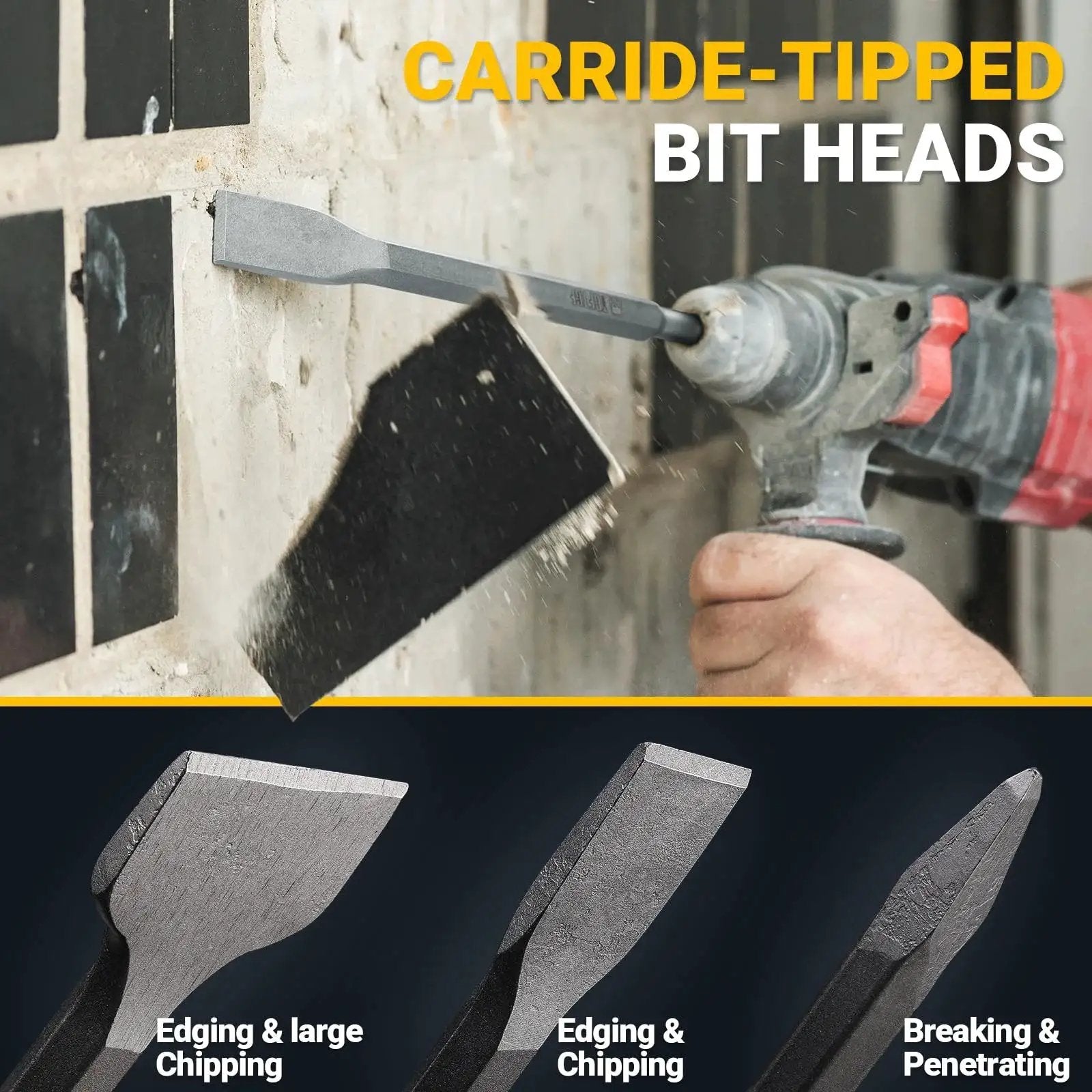 17 Piece SDS Plus Rotary Hammer Drill Bits And Chisel Set With YG8C Carbide Tips used on concrete wall with close-up of chisel heads