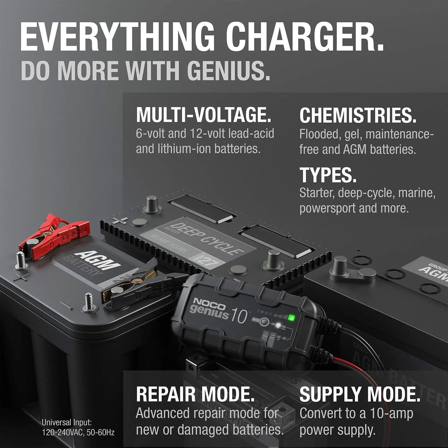Genius10 All In One 6V 12V Smart Battery Charger And Maintainer For Lead Acid And Lithium By NOCO on AGM batteries with clips.