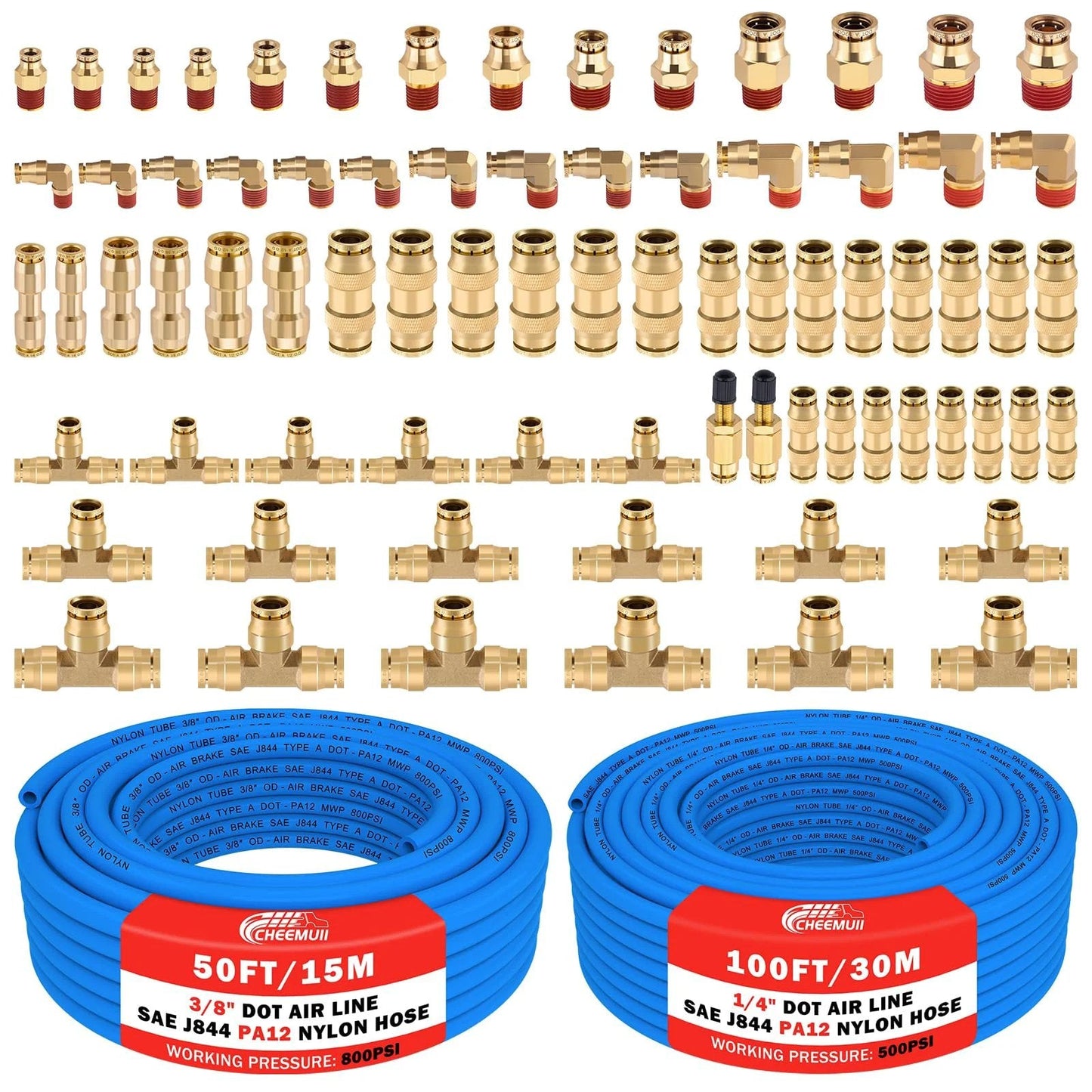 Brass DOT Air Line Fittings Kit With 100 Feet Of One Quarter Inch And 50 Feet Of Three Eighths Inch Blue DOT Tubing Push Lock Quick Connect Pneumatic Set Including Brass Tee And Straight Fittings Elbows Schrader Valves And Tube Cutters, visible with hoses and fittings displayed.