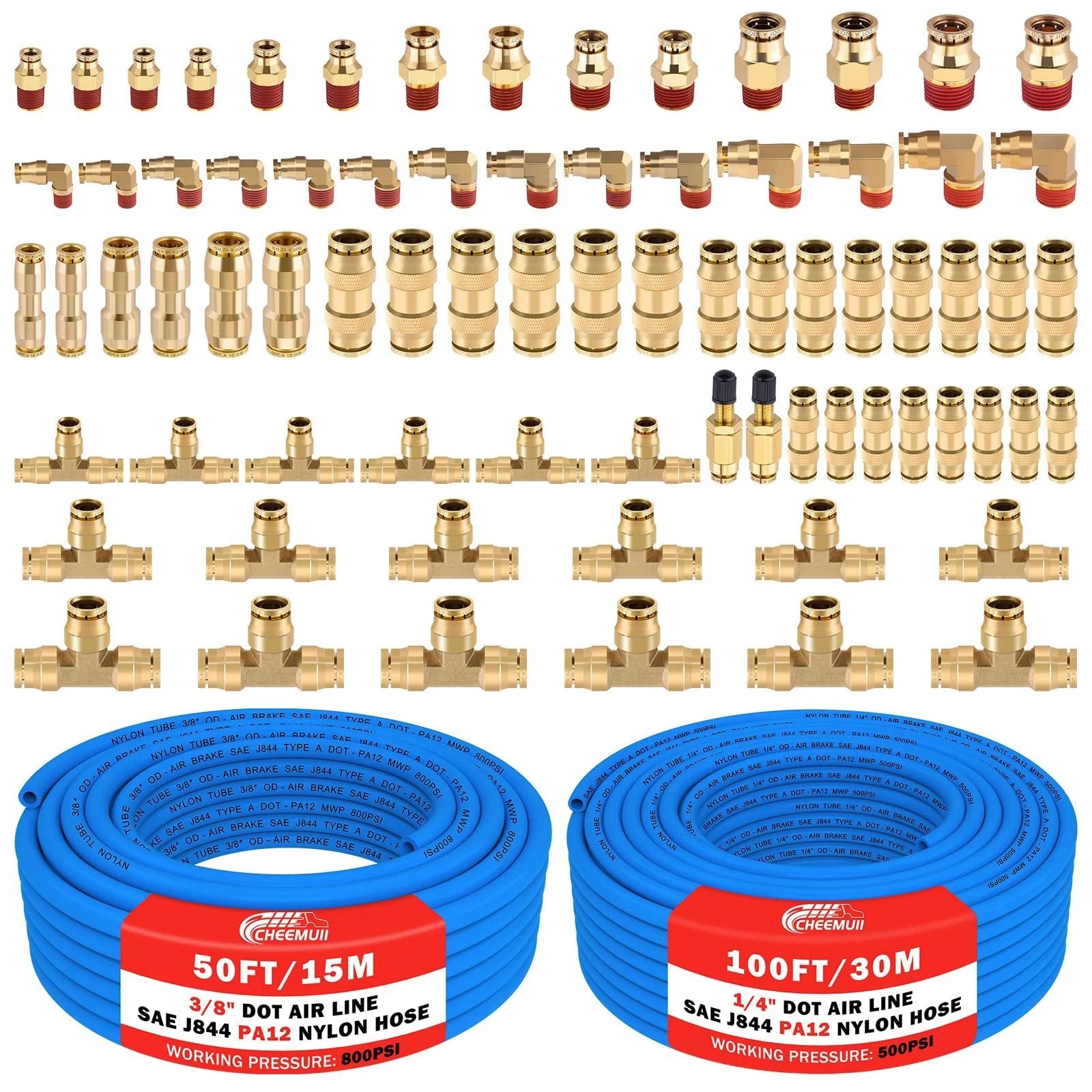 Brass DOT Air Line Fittings Kit With 100 Feet Of One Quarter Inch And 50 Feet Of Three Eighths Inch Blue DOT Tubing Push Lock Quick Connect Pneumatic Set Including Brass Tee And Straight Fittings Elbows Schrader Valves And Tube Cutters, visible with hoses and fittings displayed.