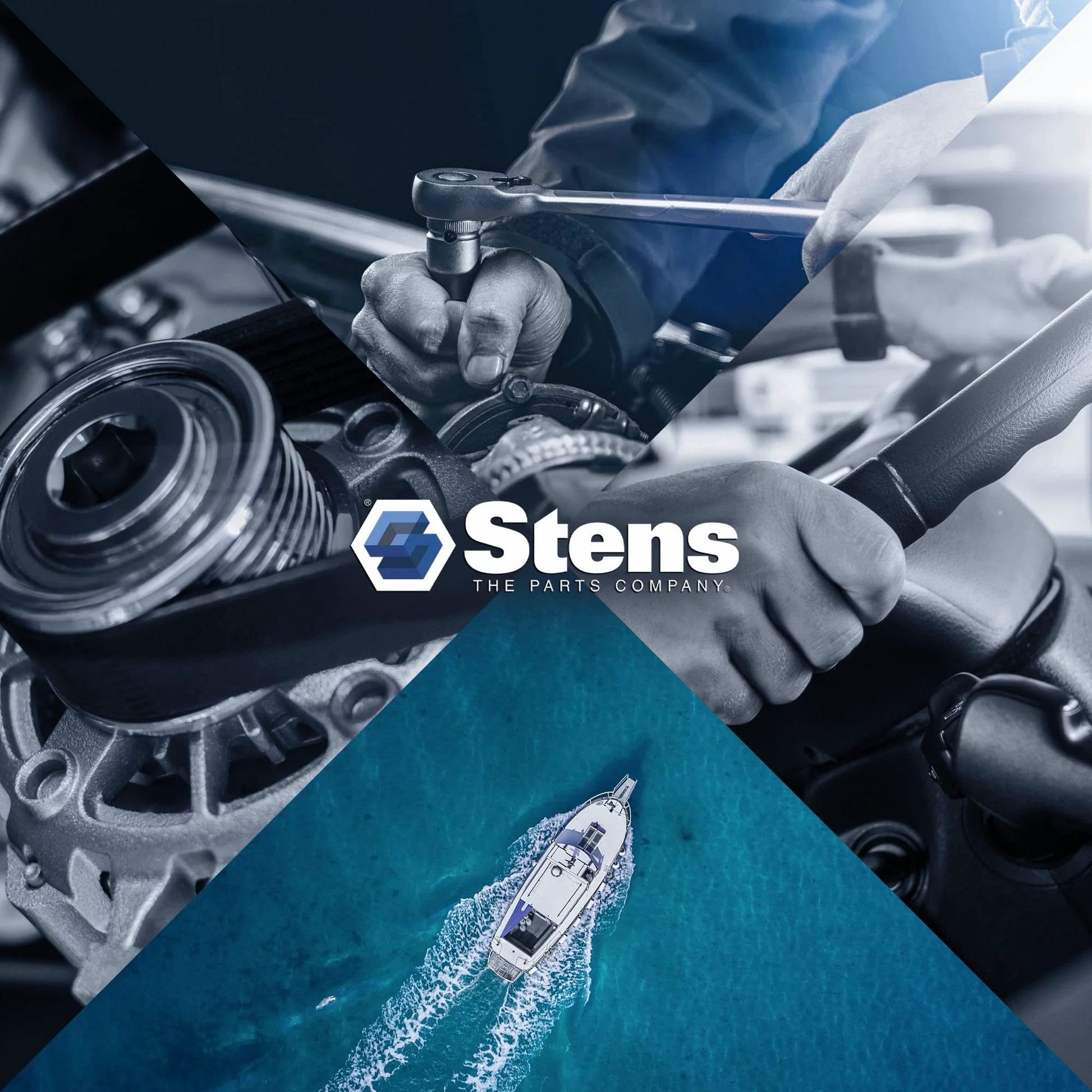 Collage featuring hands working with tools and machinery, Stens logo, and a boat on water, representing parts and equipment.