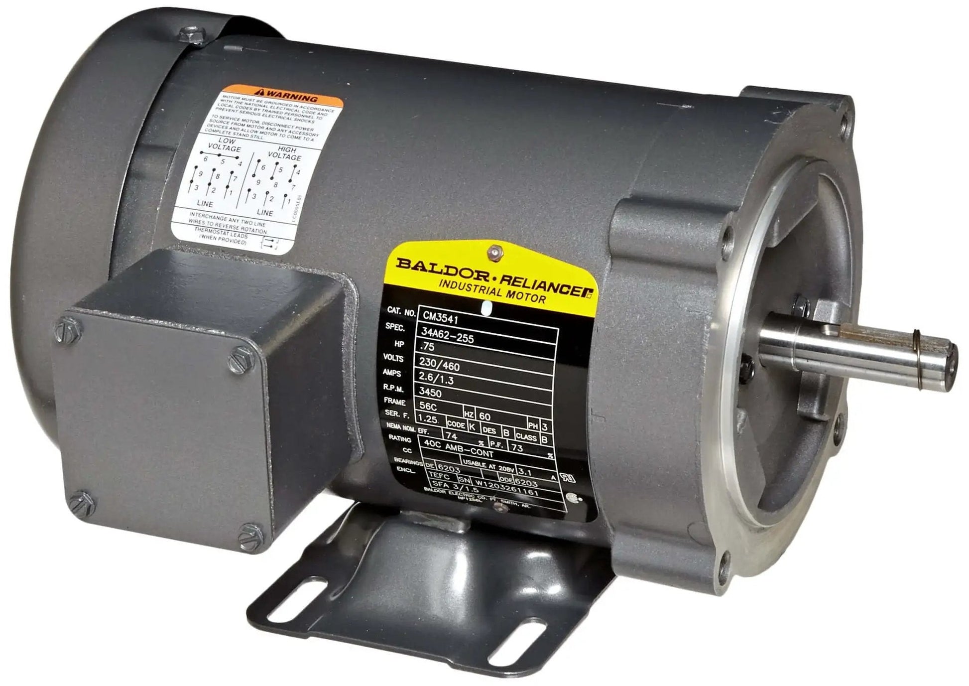 Single Unit General Purpose 3-Phase AC Motor, 3/4 HP, 56C Frame TEFC Enclosure, 3450 RPM 60Hz, Dual Voltage 230/460V, sealed ball bearing
