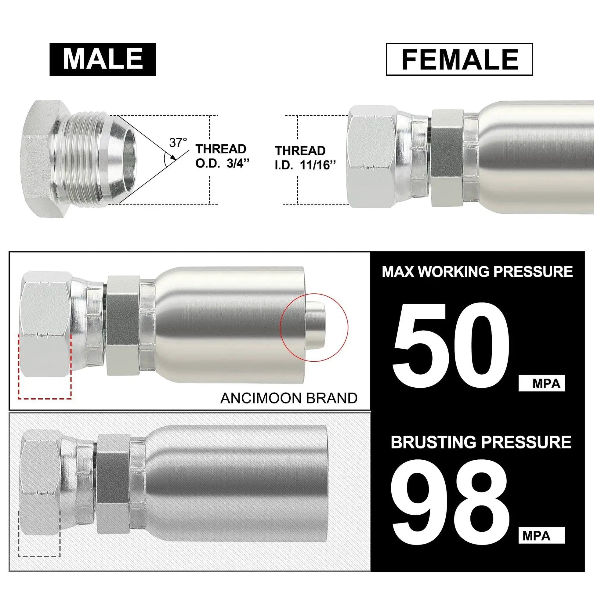 Rugged 1/2 Inch Hydraulic Hose Fittings Swivel JIC 37 Degree Female End For Single Wire Hose Crimp diagram details