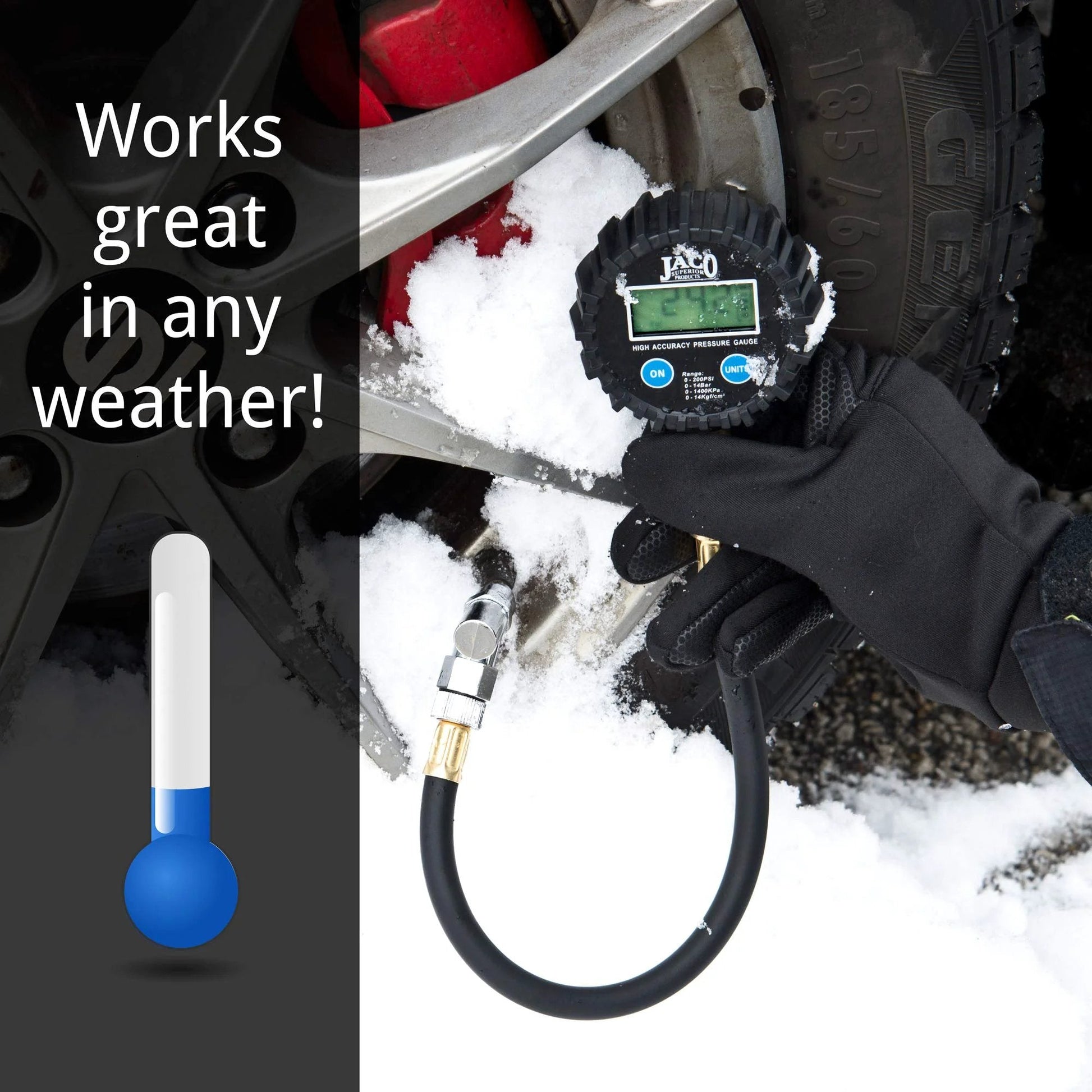 ElitePro Digital Tire Pressure Gauge Delivers Pro Accuracy With ANSI 2A Calibration, dual sensors shown in snowy environment.