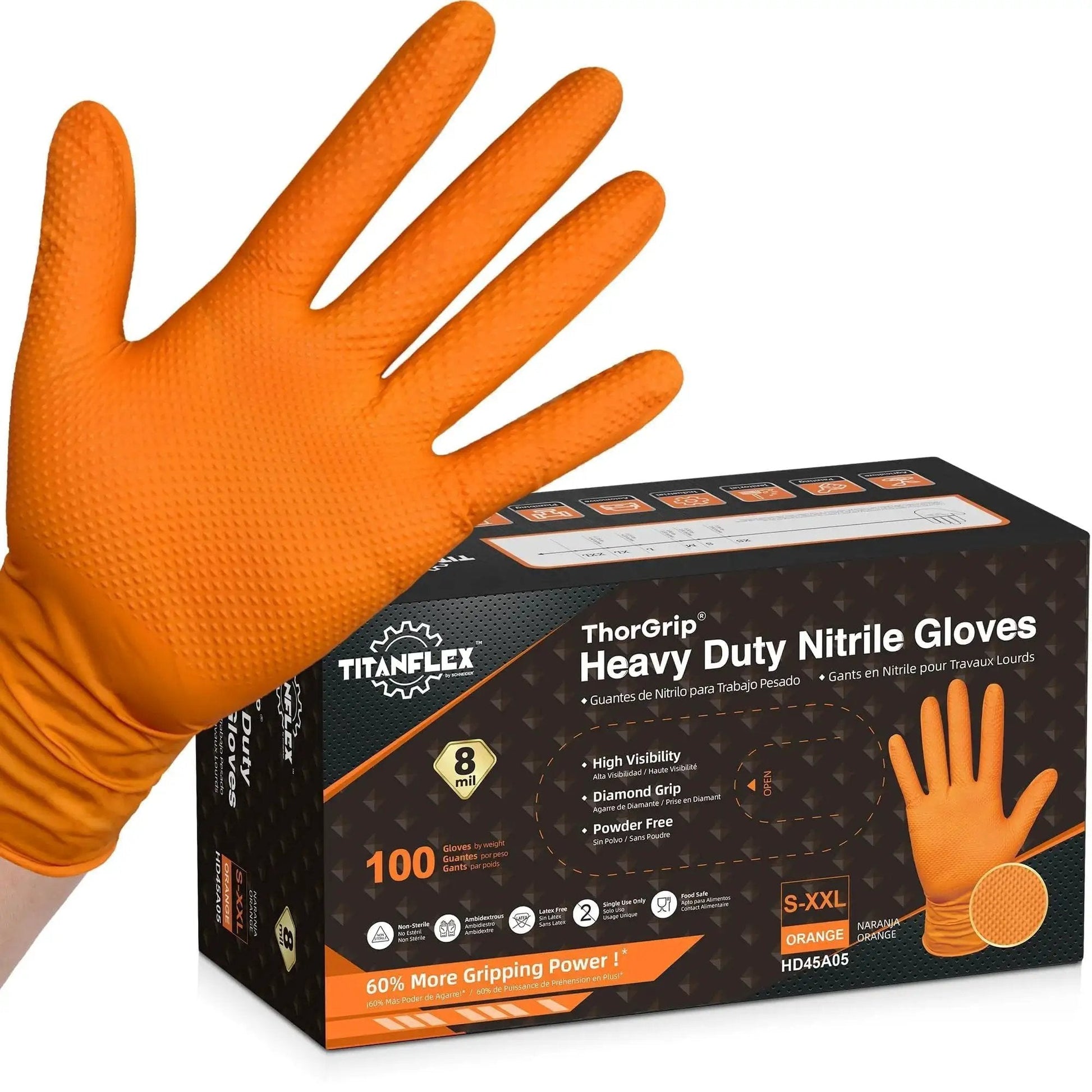 Heavy Duty Industrial Orange Nitrile Gloves 8 Mil With Diamond Grip Powder Free packaging and glove on hand