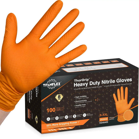 Heavy Duty Industrial Orange Nitrile Gloves 8 Mil With Diamond Grip Powder Free packaging and glove on hand