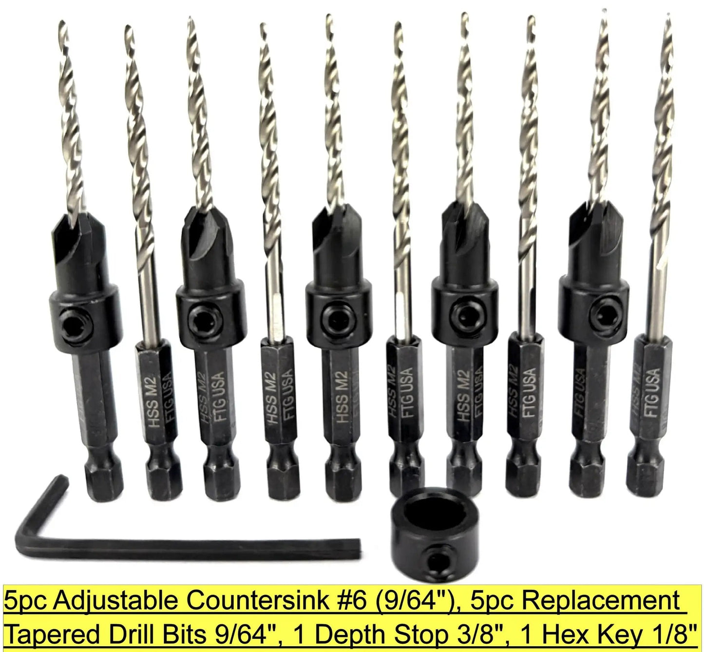 Woodworking Five Piece Depth Adjustable Countersink Drill Bit Set With Replacement Tapered Bits In A Tough Storage Case Size Six Nine Sixty Fourth Inch For Precise Finishes And Quick Setup In Cabinets Furniture And DIY Projects From FTG USA