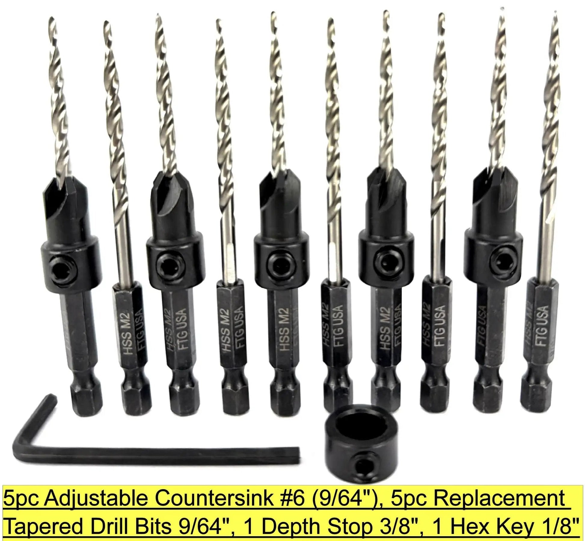 Woodworking Five Piece Depth Adjustable Countersink Drill Bit Set With Replacement Tapered Bits In A Tough Storage Case Size Six Nine Sixty Fourth Inch For Precise Finishes And Quick Setup In Cabinets Furniture And DIY Projects From FTG USA