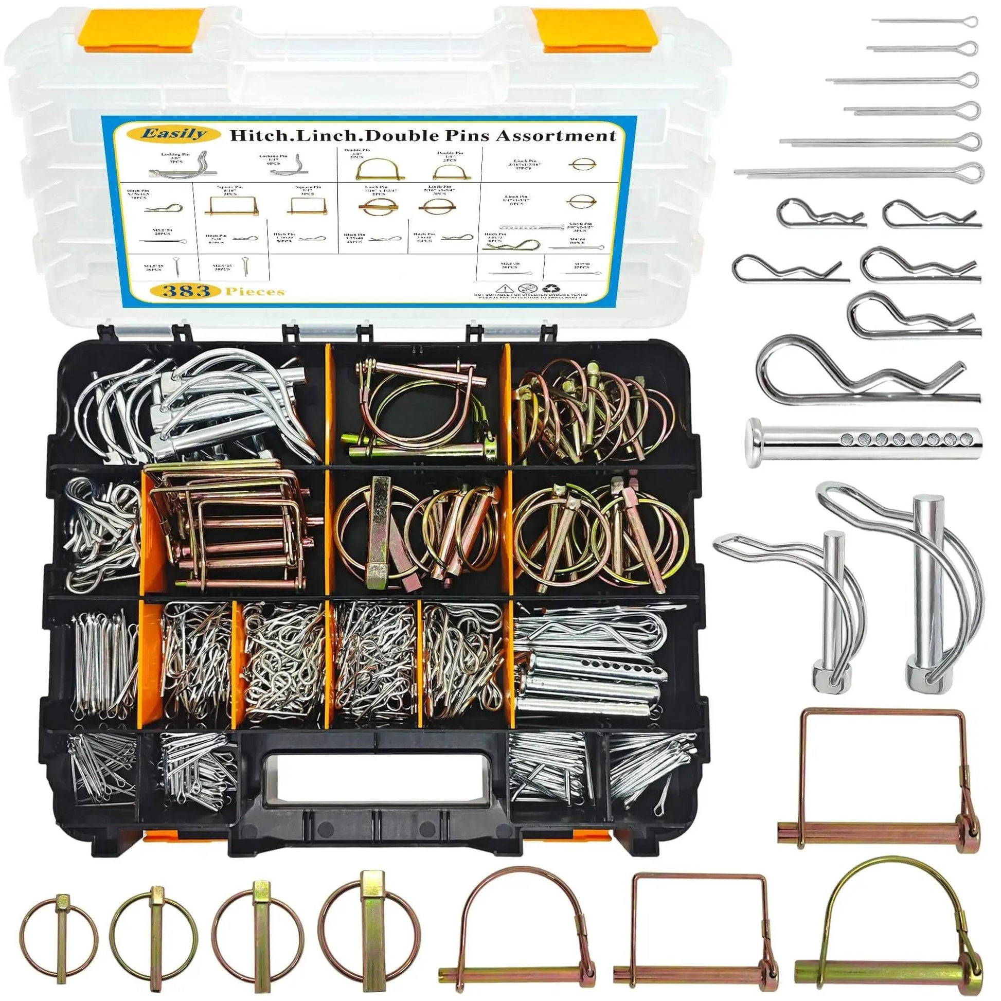 383 Piece Heavy Duty Pin Kit For Tractors Trailers Trucks And Lawn Gear Includes hitch pins, R clips, and various types of pins in a box.