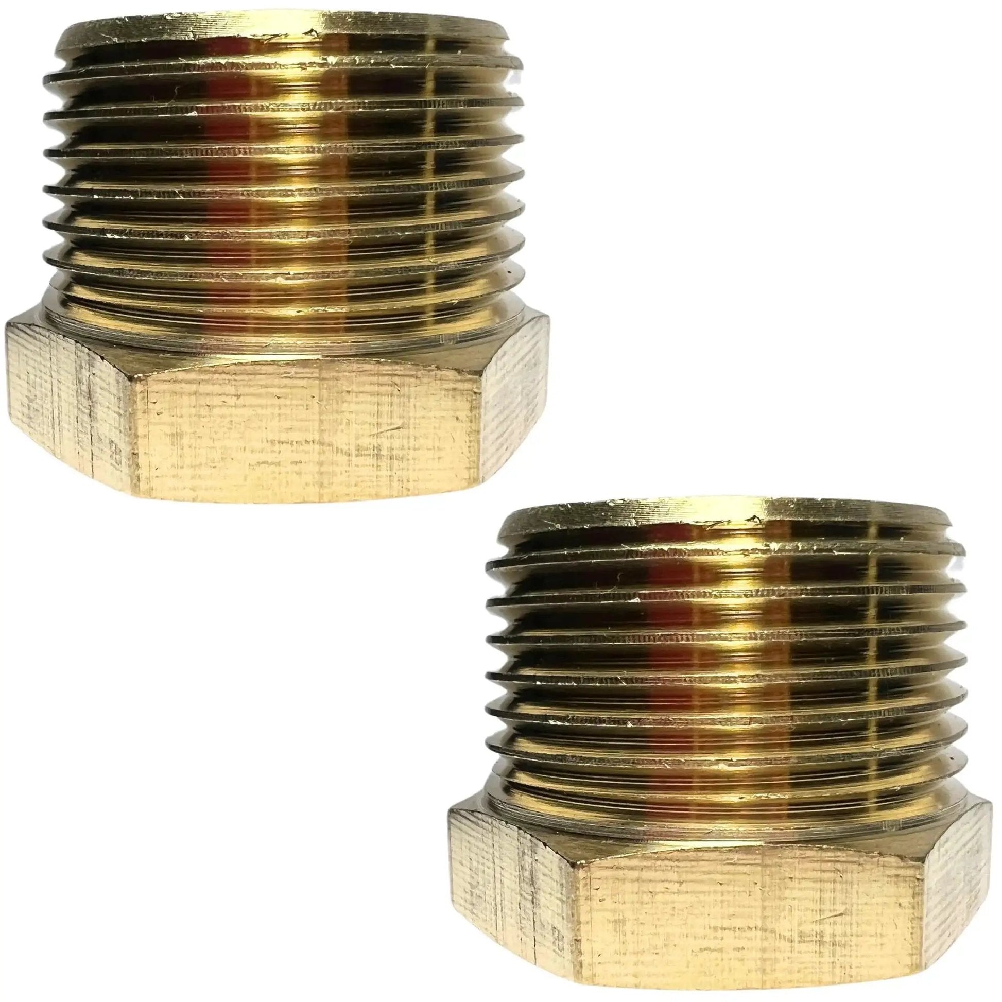 Two Pack Brass Reducer Hex Bushing Adapter Three Quarters Inch Male NPT To One Quarter Inch Female NPT Fittings Leak Resistant Durable Brass