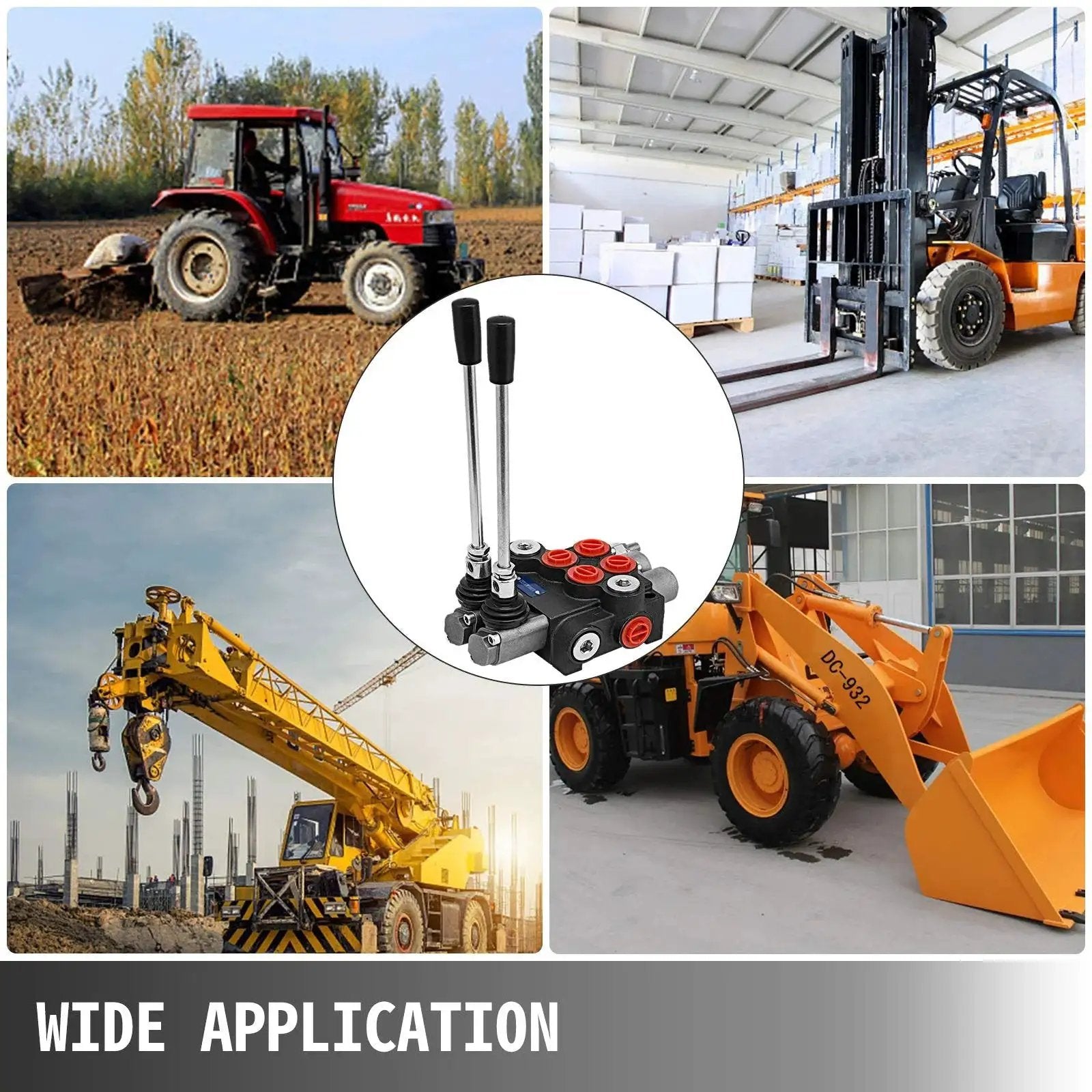 Two Spool Hydraulic Directional Control Valve For Double Acting Cylinders shown with tractors, loaders, and forklifts background