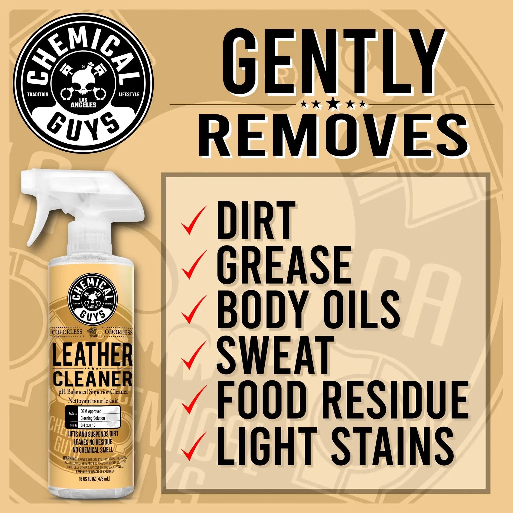 Leather Cleaner For Cars And Home Interiors Colorless Odorless No Fuss Formula Safe On Natural And Synthetic Leather Pleather And Faux Leather Removes Dirt Grease Oils Sweat 473 Ml front view of spray bottle with cleaning features listed