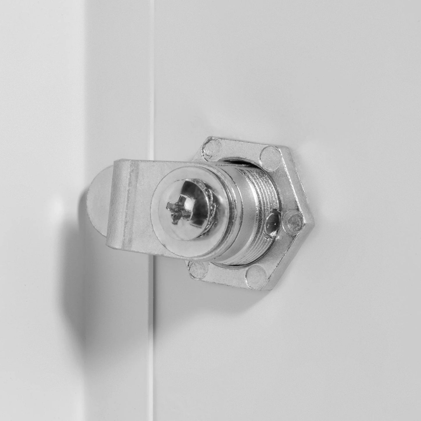Close-up of keyed cylinder latch on 8 x 8 Flush Universal Steel Access Door For Drywall Plaster And Tile White Finish With Keyed Cylinder Latch Fits Rough Opening 8-3/8 x 8-3/8 DIY Friendly Easy Install For Light Duty Commercial Or Residential Premier 2002 Series