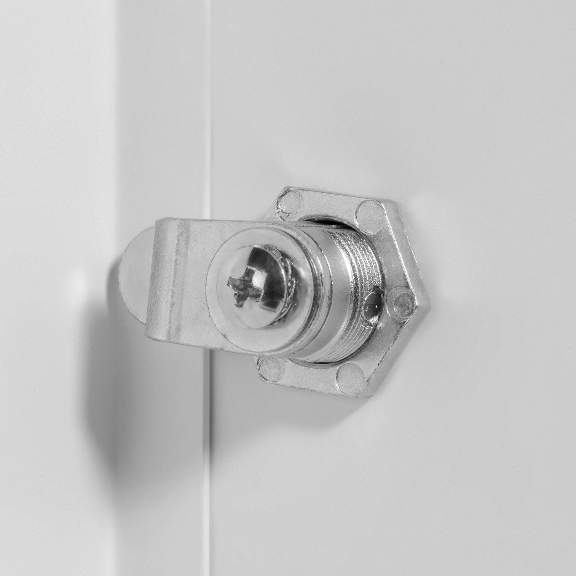 Close-up of keyed cylinder latch on 8 x 8 Flush Universal Steel Access Door For Drywall Plaster And Tile White Finish With Keyed Cylinder Latch Fits Rough Opening 8-3/8 x 8-3/8 DIY Friendly Easy Install For Light Duty Commercial Or Residential Premier 2002 Series