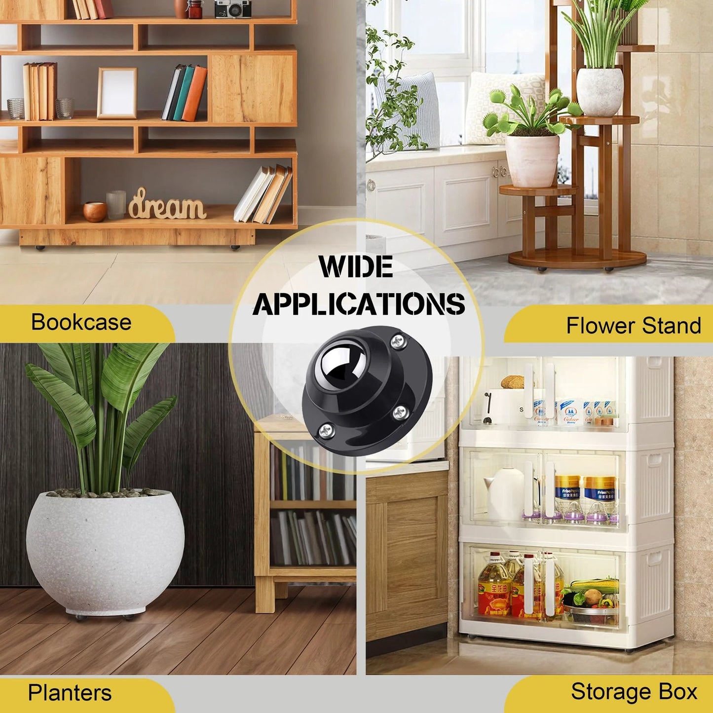 Anti Rust Stainless Steel Self Adhesive Caster Wheels Set 8 Pack used on bookcase, flower stand, planters, and storage box