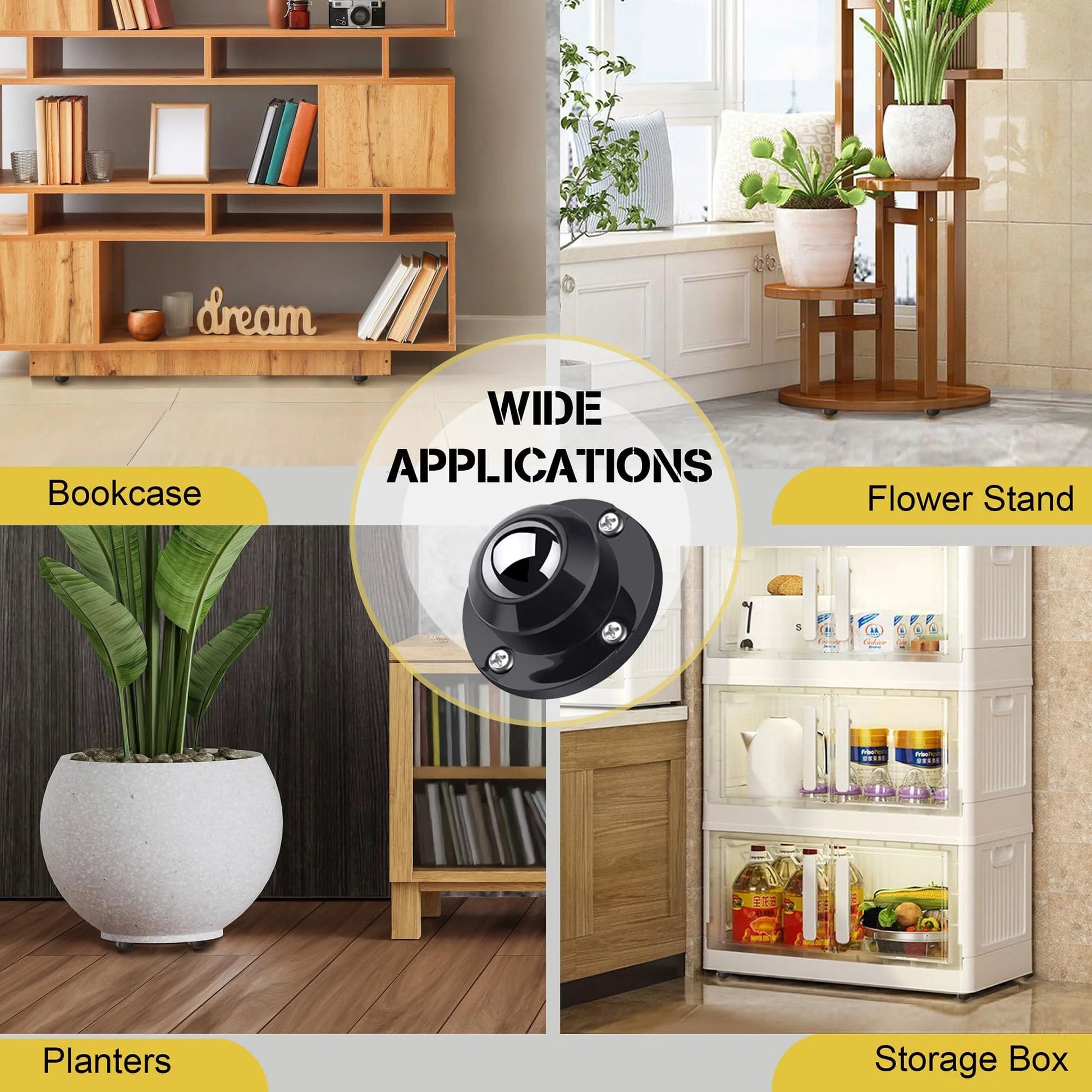 Anti Rust Stainless Steel Self Adhesive Caster Wheels Set 8 Pack used on bookcase, flower stand, planters, and storage box
