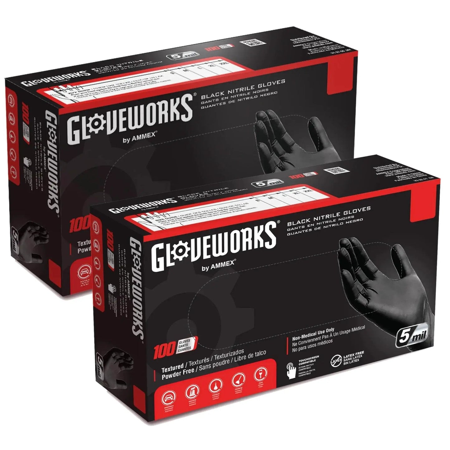 Two boxes of Gloveworks Black Nitrile Gloves XL 5 Mil For Cooking And Food Prep Disposable with 100 gloves each.