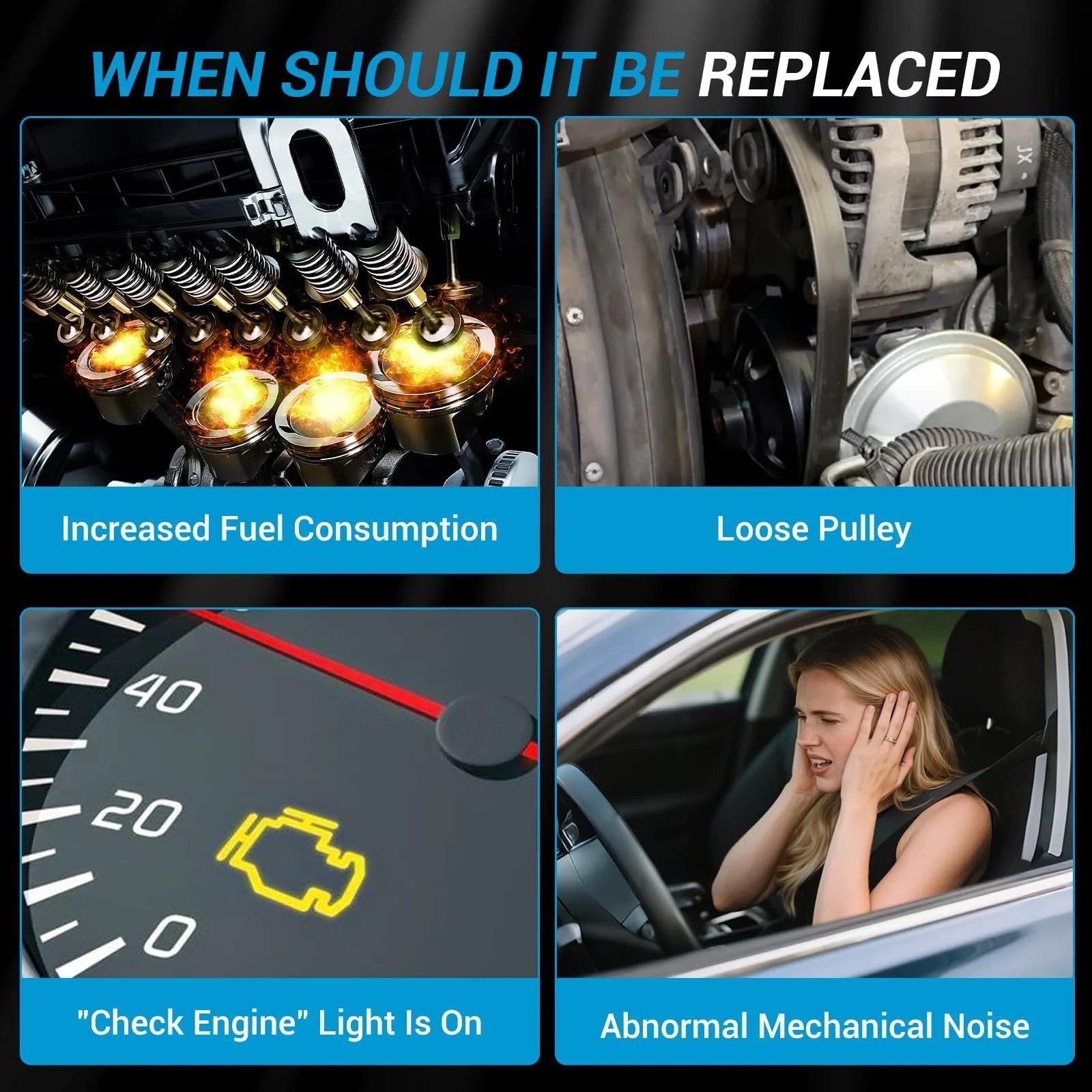 Four diagnostic illustrations: engine internals, pulley view, check engine light, and person reacting to vehicle noise.