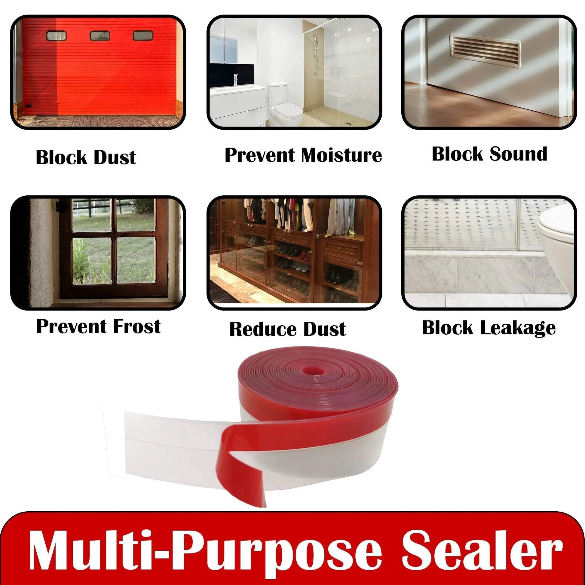 Clear Weather Stripping Tape for Doors by Brandzini Thick 35mm Wide Silicone Draft Seal Transparent 10m Per Pack Strong Adhesive Backing Enhanced Thick Strip 2 Pack shown with dust and moisture prevention benefits.