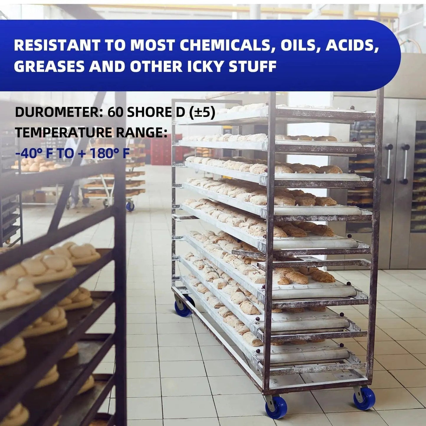 Bakery rack with stainless steel 5 inch heavy duty caster wheels with anti corrosion rust proof design blue solid polyurethane wheel.