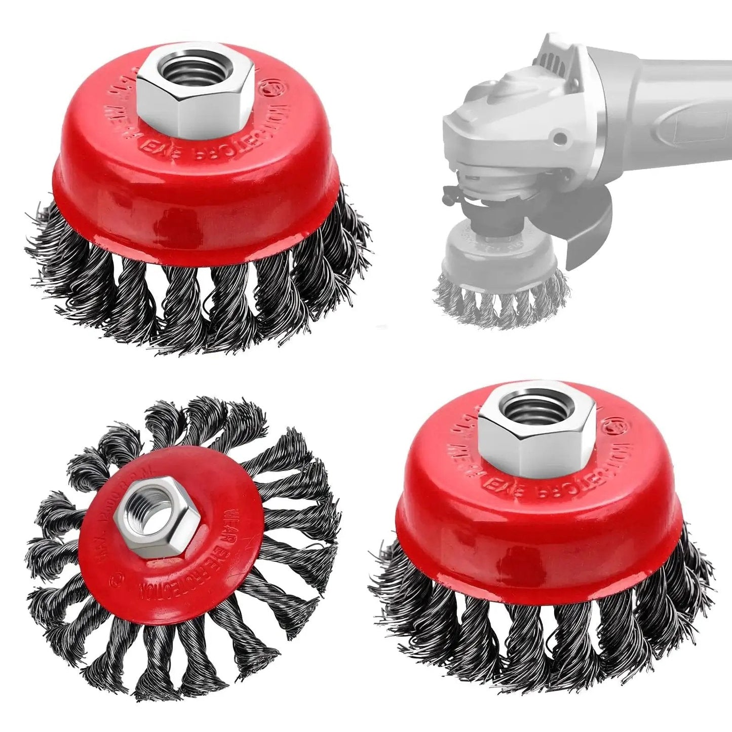 Three Pack Wire Wheel Brush Set For Angle Grinders With 0.02 Inch Carbon Steel 72A Twist Wire And Five Eighth Inch Arbor Includes Three Inch And Four Inch Wheels Up To 12500 RPM For Heavy Duty Cleaning By Mikilikien, shown from various angles including installation on an angle grinder.
