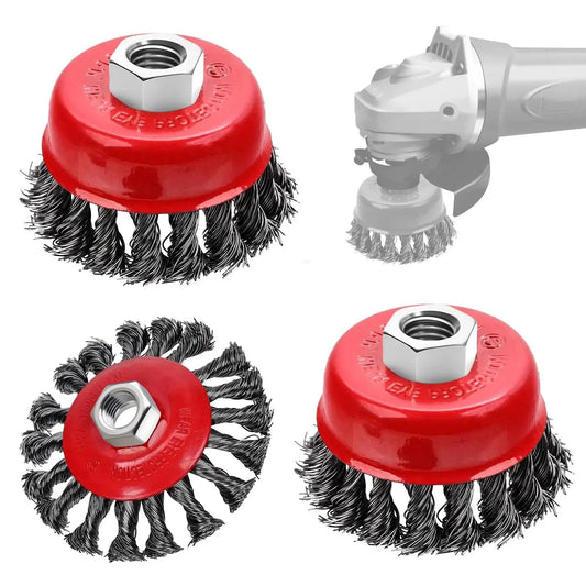 Three Pack Wire Wheel Brush Set For Angle Grinders With 0.02 Inch Carbon Steel 72A Twist Wire And Five Eighth Inch Arbor Includes Three Inch And Four Inch Wheels Up To 12500 RPM For Heavy Duty Cleaning By Mikilikien, shown from various angles including installation on an angle grinder.