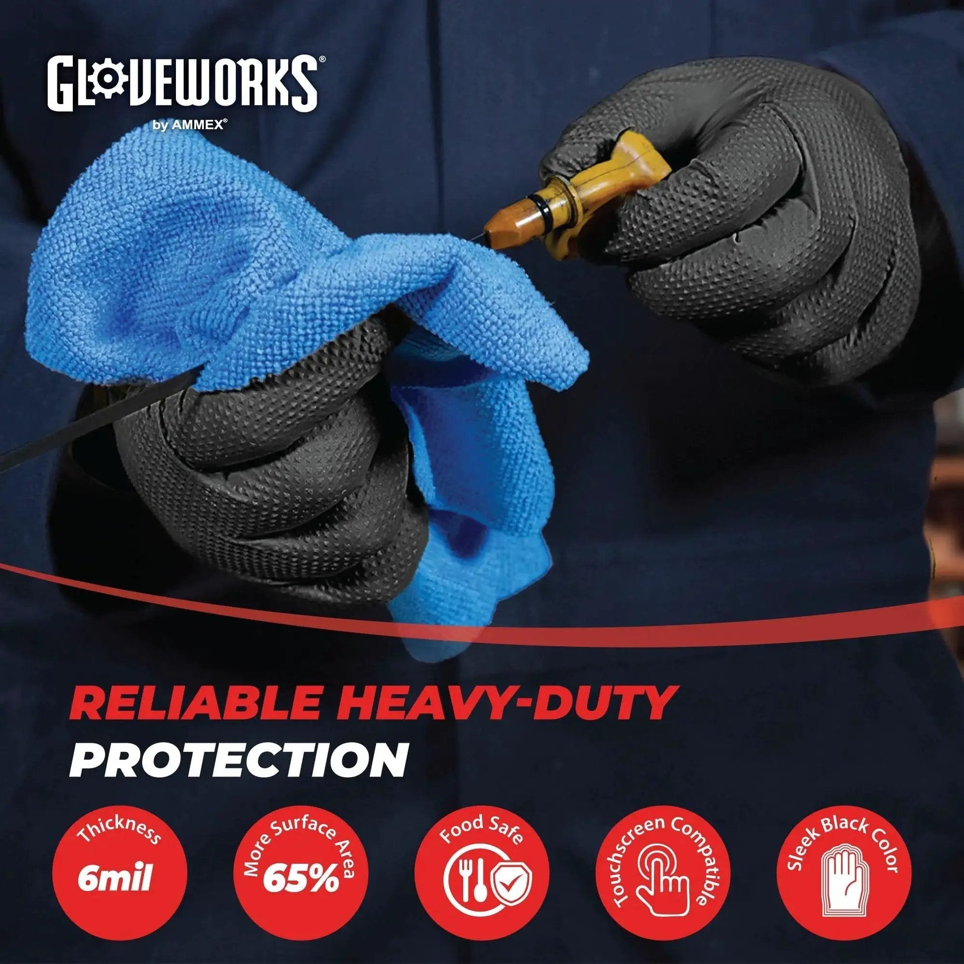 Black Nitrile Disposable Gloves 6 Mil Raised Diamond Texture Large Box Of 100 shown in use cleaning a tool with a blue cloth