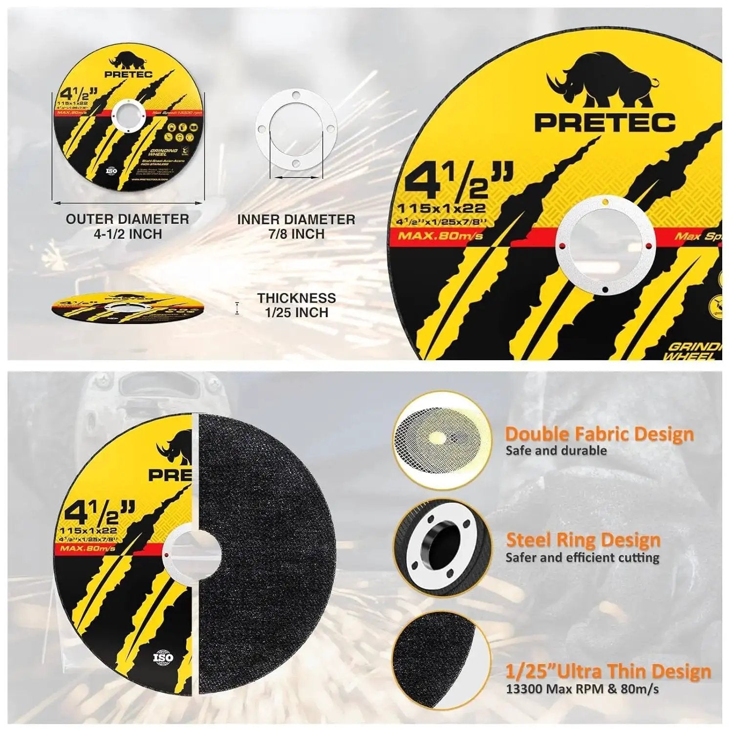 Cut Off Wheel Set 4-1/2 Inch For Angle Grinders 7/8 Inch Arbor Thin Metal Cutting Discs For Fast Cuts In Steel Stainless And Aluminum 50 And 5 Pack PRETEC High Speed 13300 RPM