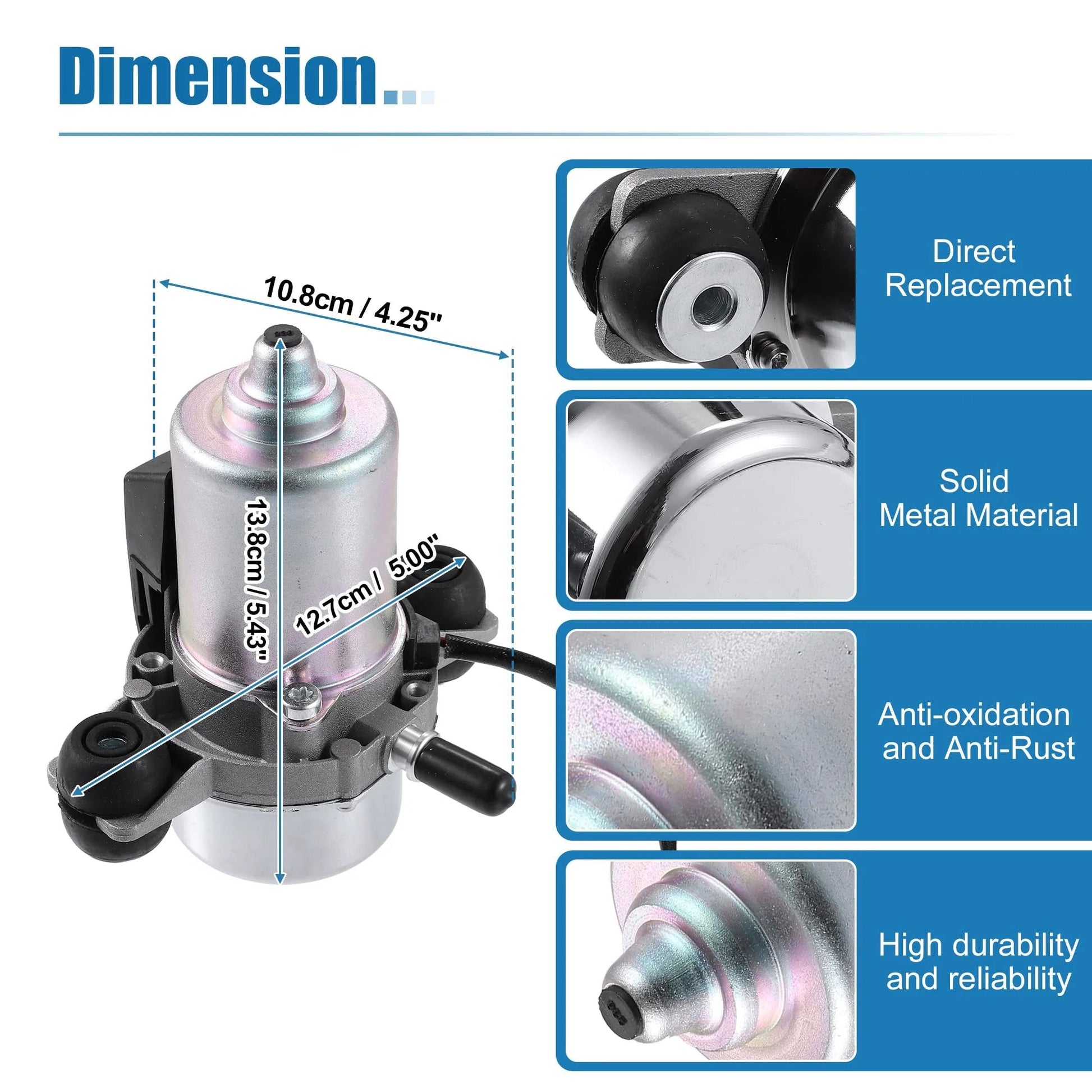 Brake Vacuum Pump Replacement For Chevrolet Cruze Impala Malibu Cadillac CTS XTS Buick Volvo C30 S40 C70 XC90 OE 20804130 20939309 Easy Install Direct Swap For Brake Booster Performance, dimensions and features shown, solid metal construction, anti-rust.