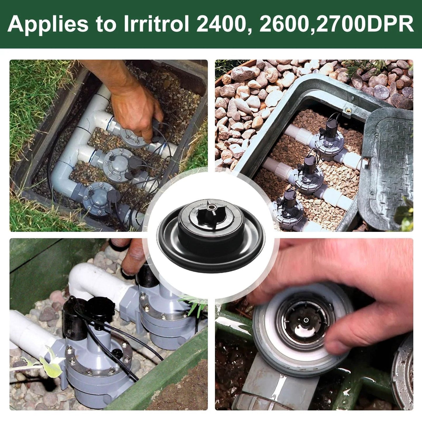 Replacement Valve Diaphragm For Irritrol 2400 2600 2700DPR Valves Three Quarters To One Inch Fit For Easy DIY Install And Long Lasting Durable Part By NIAHM 100236, installed in irrigation system