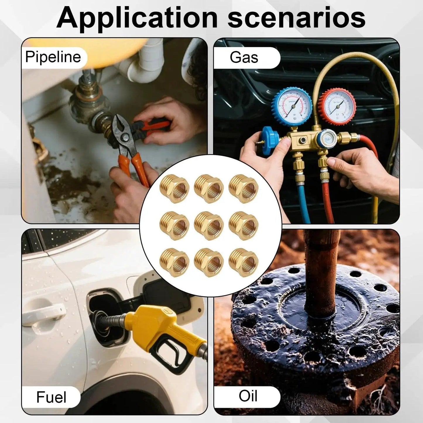 Collage showing Brass Hex Bushing Reducer One Quarter Inch NPT Male To One Eighth Inch NPT Female Pipe Fitting Adapter in various applications