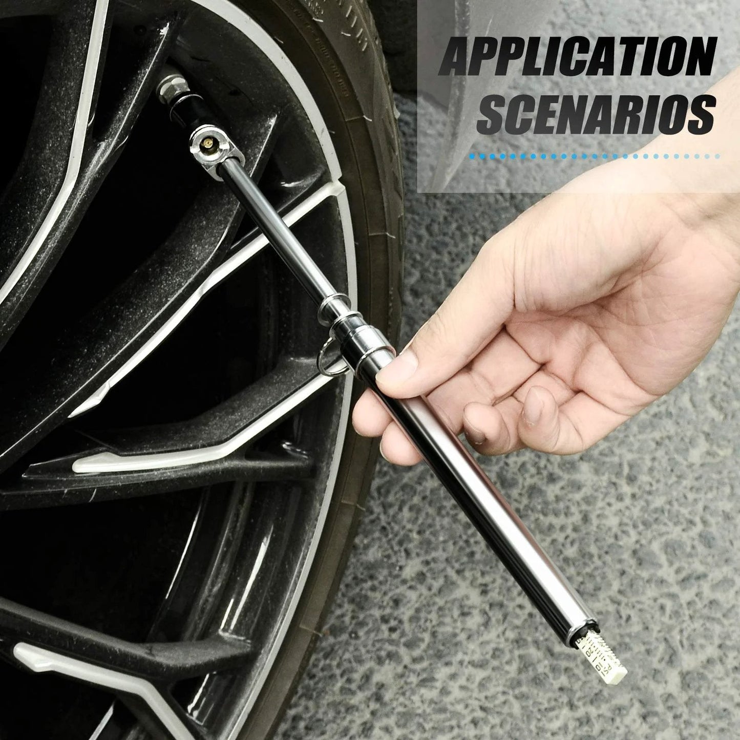 Pen Style Double Head Tire Pressure Gauge Silver 10 To 150 Psi for Cars Trucks and Motorcycles, being used on a tire