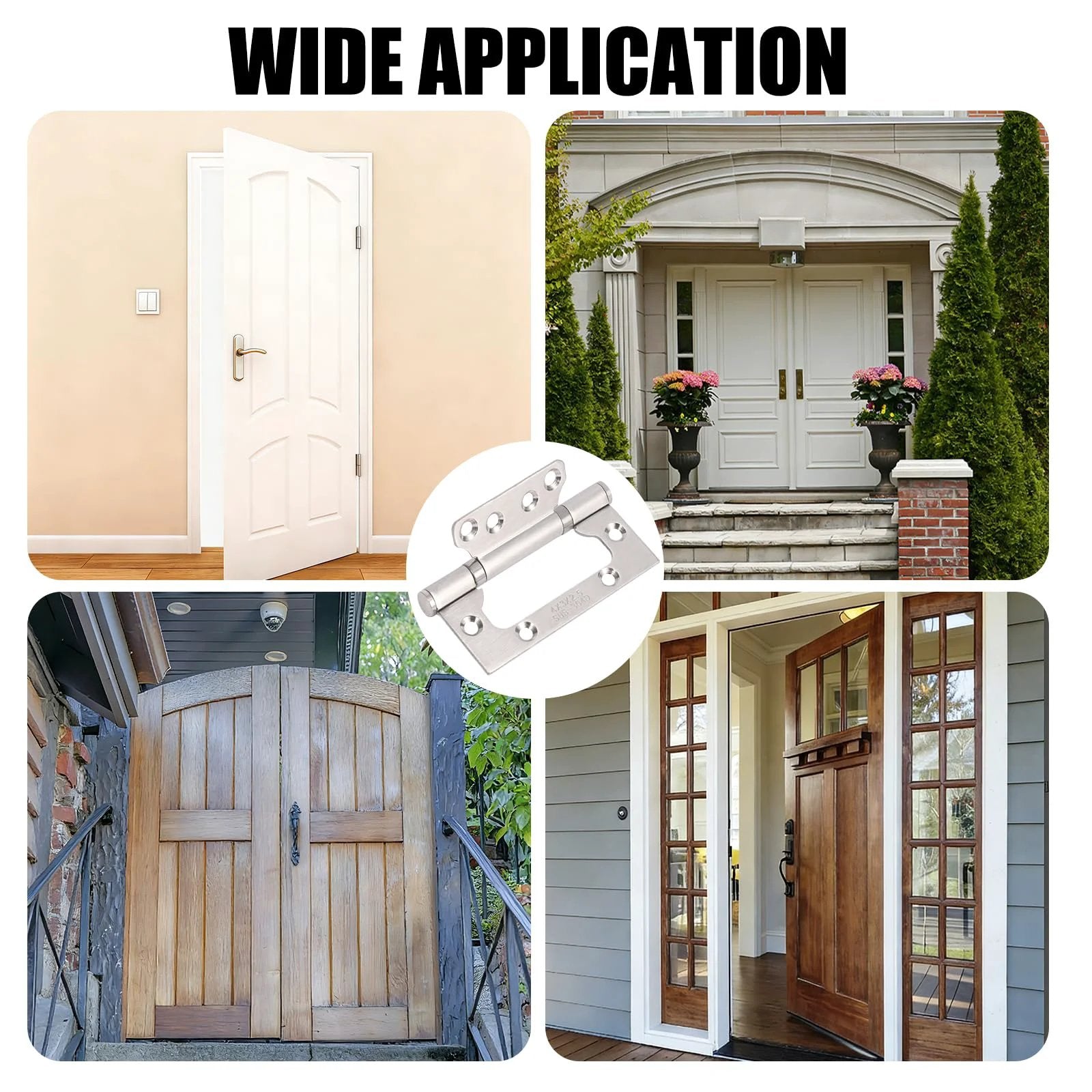 3 Pack Non-Mortise Stainless Steel Door Hinges 4 Inch By 3 Inch, Heavy Duty, shown on various interior doors