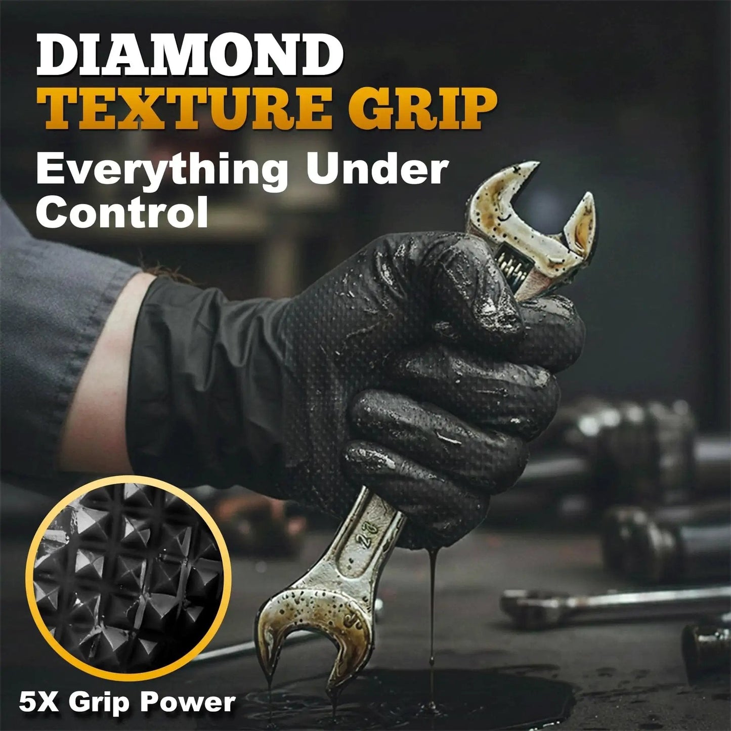 Heavy Duty Black Nitrile Gloves 8 Mil Diamond Texture Powder Free Food Safe 1000 gripping wrench