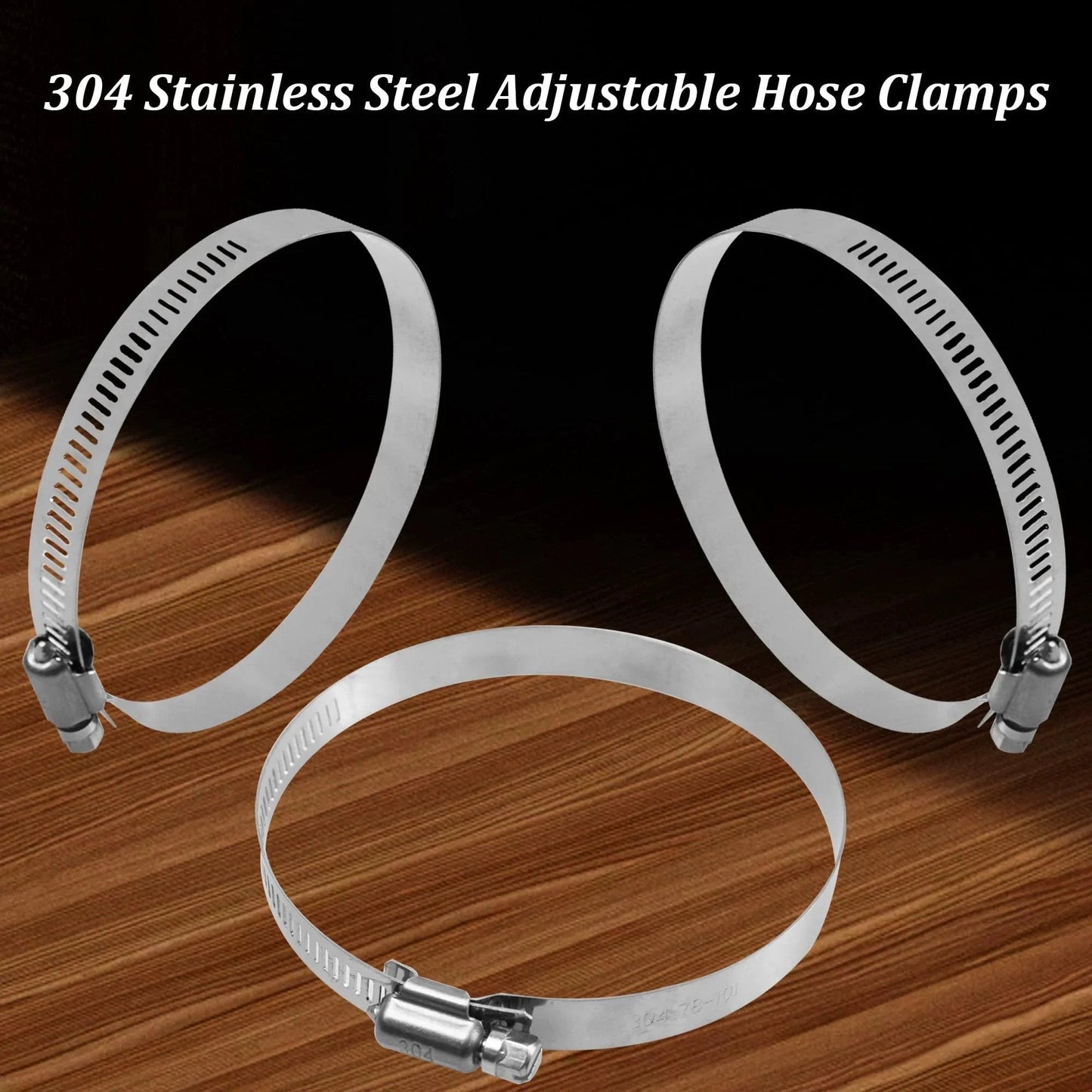 6 Pack Adjustable 3.5 Inch 304 Stainless Steel Hose Clamps Worm Gear Duct Clamp For Air Ducting Automotive Plumbing And Mechanical Applications Fits Three To Four Inch Hoses 78 To 101 Mm shown on wooden surface