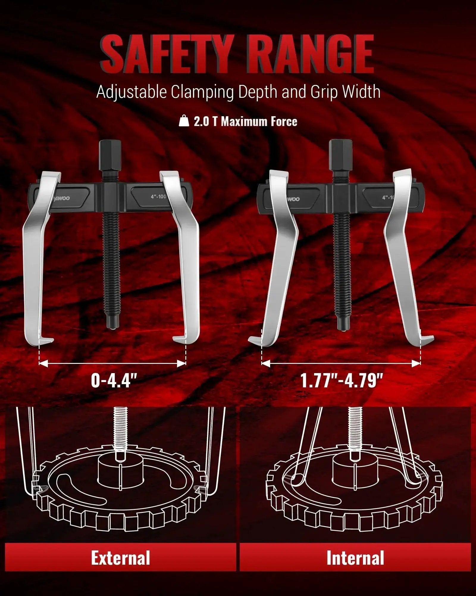 Two Jaw Reversible Gear Puller Set for external and internal removal, adjustable clamping depth, CR-V steel for automotive repairs