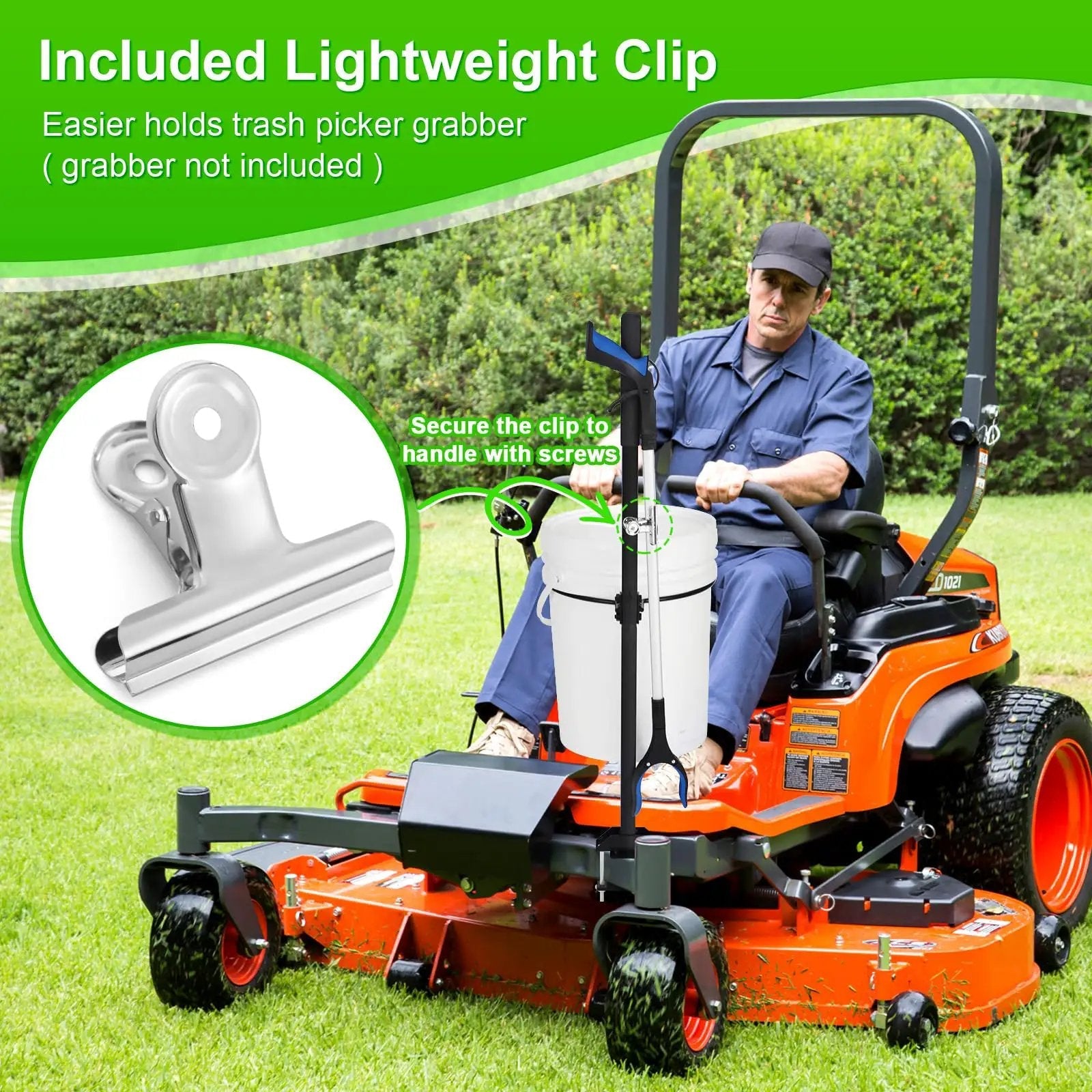 Zero Turn Mower Handle With 5 Gallon Bucket Bracket And Clip For Outdoor Yard Cleanup, showing the mounted bucket and clip on mower