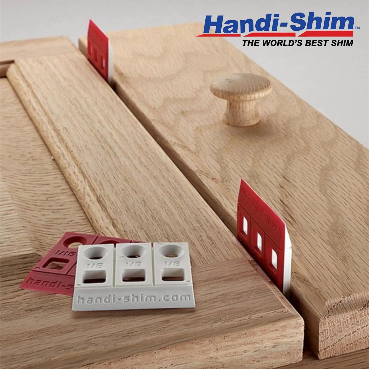 Heavy Duty Reusable Plastic Construction Shims For Spacing And Leveling Great For DIY Projects And Plumbing 40 Piece Pack One Eighth Inch White Handi Shim displayed with wood pieces for alignment.